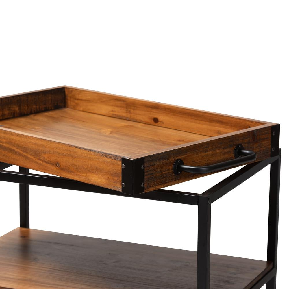 Baxton Studio Capri Vintage Rustic Industrial Oak Brown and Black Finished Mobile Metal Bar Cart with Stemware Rack - Image 4