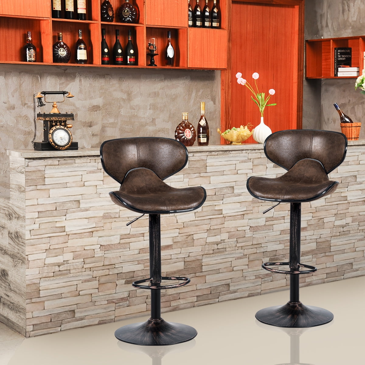 Costway Set of 2 Adjustable Bar Stools Swivel Bar Chairs with Back&Footrest Retro Brown - Image 11