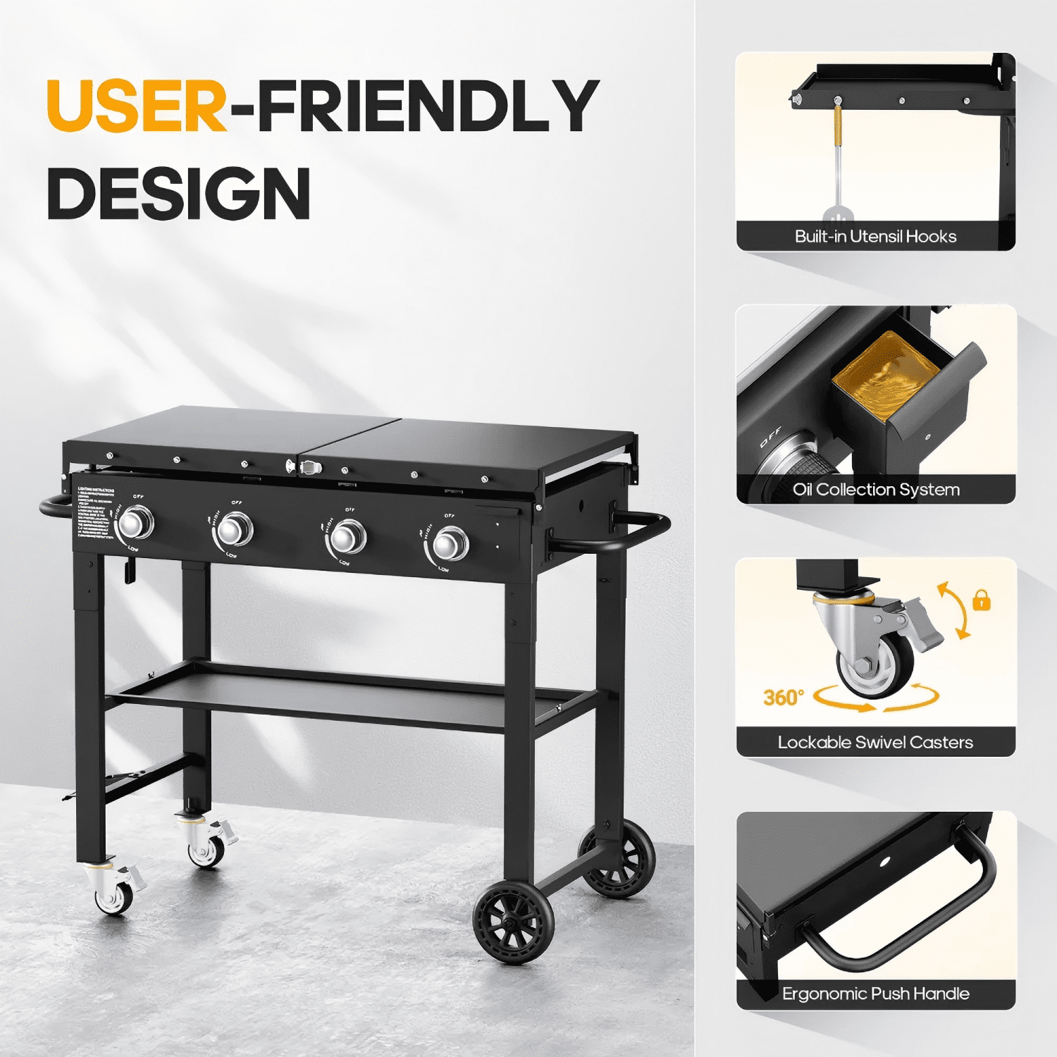 SUGIFT 36" 4-Burner Propane Gas Griddle, 60,000 BTU Flat Top Grill with Side Shelf for Outdoor BBQ & Camping - Image 7