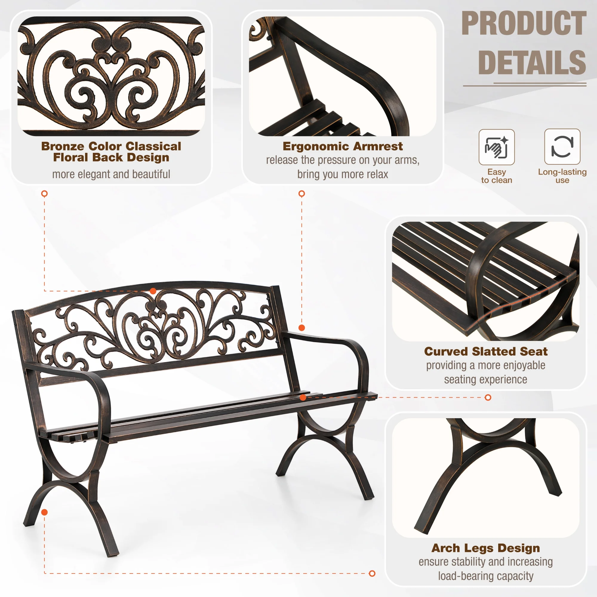 Summit Living 50 Inches Outdoor Garden Bench,Cast Iron Patio Park Bench Metal Frame,Bronze - Image 5