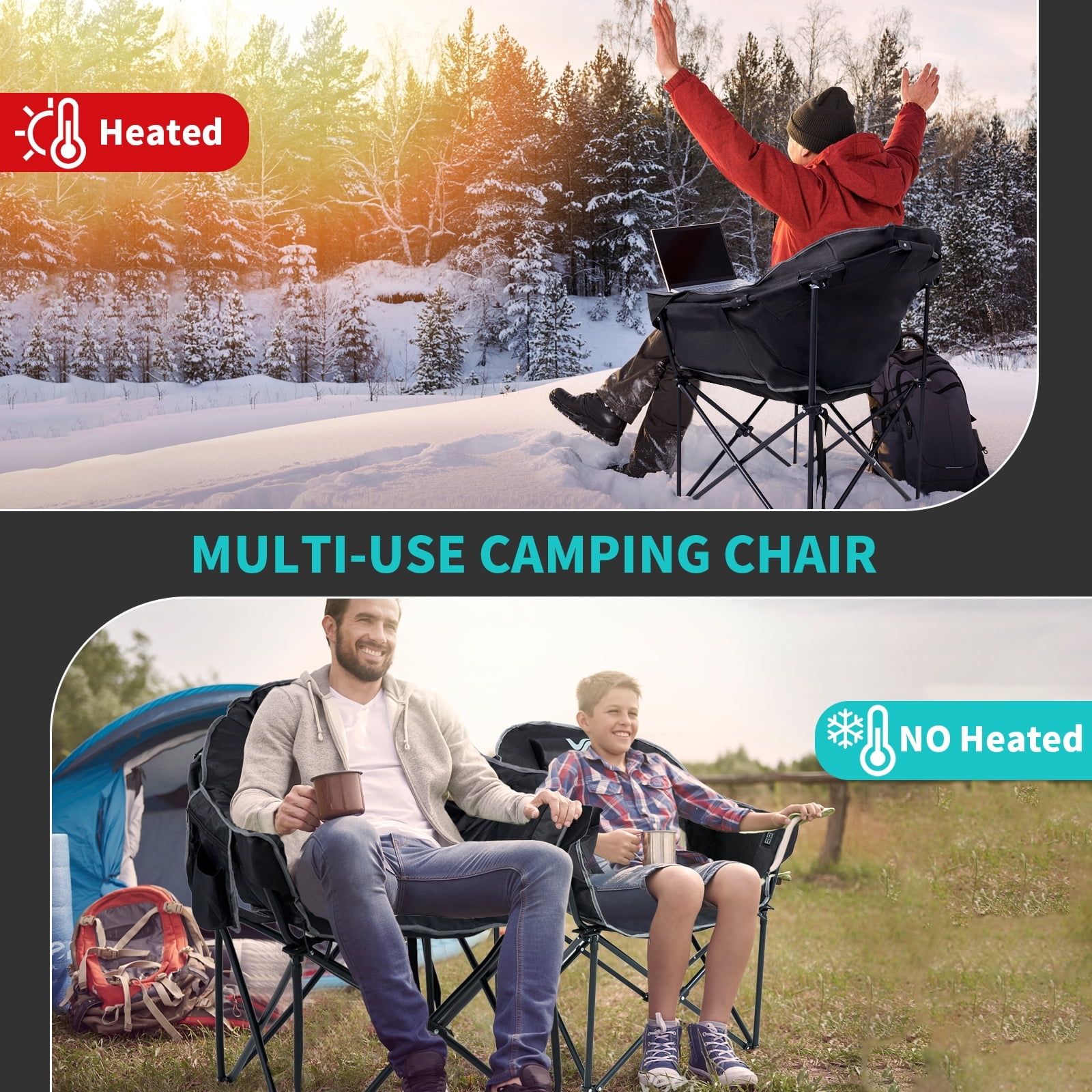 Slsy Oversized Heated Camping Chair w/Pillow, Padded Camp Chair with 3 Heat Levels, Portable Folding Heated Chair Round Moon Saucer Folding Lawn Chair Outdoor Chair for Camping, Lounge Patio - Image 2
