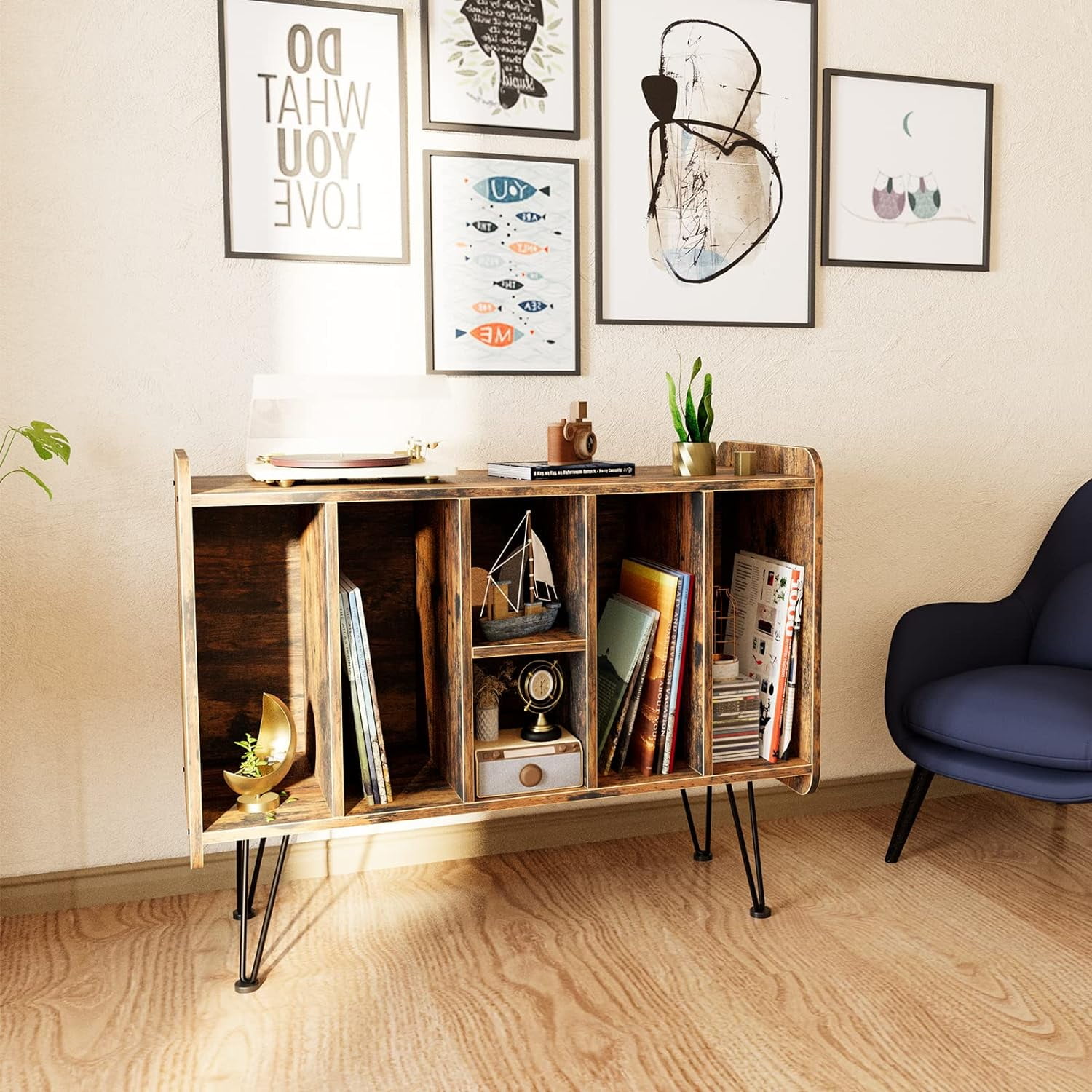 Record Player Stand Large Vinyl Record Storage holds Albums Brown Vinyl Holder Storage Shelf, Side End Table,Turntable Stand with metal legs for Bedroom, Living Room - Image 2