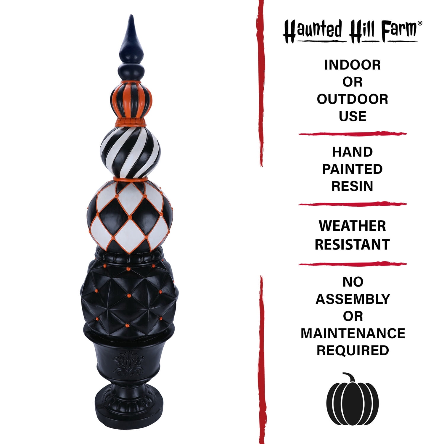 Haunted Hill Farm 4 ft Resin Ball and Finial Topiary in a Black Pedestal Urn Indoor/Outdoor Halloween Decoration, Harlequin and Stripe, HHRS050-0FIN-MLT - Image 2