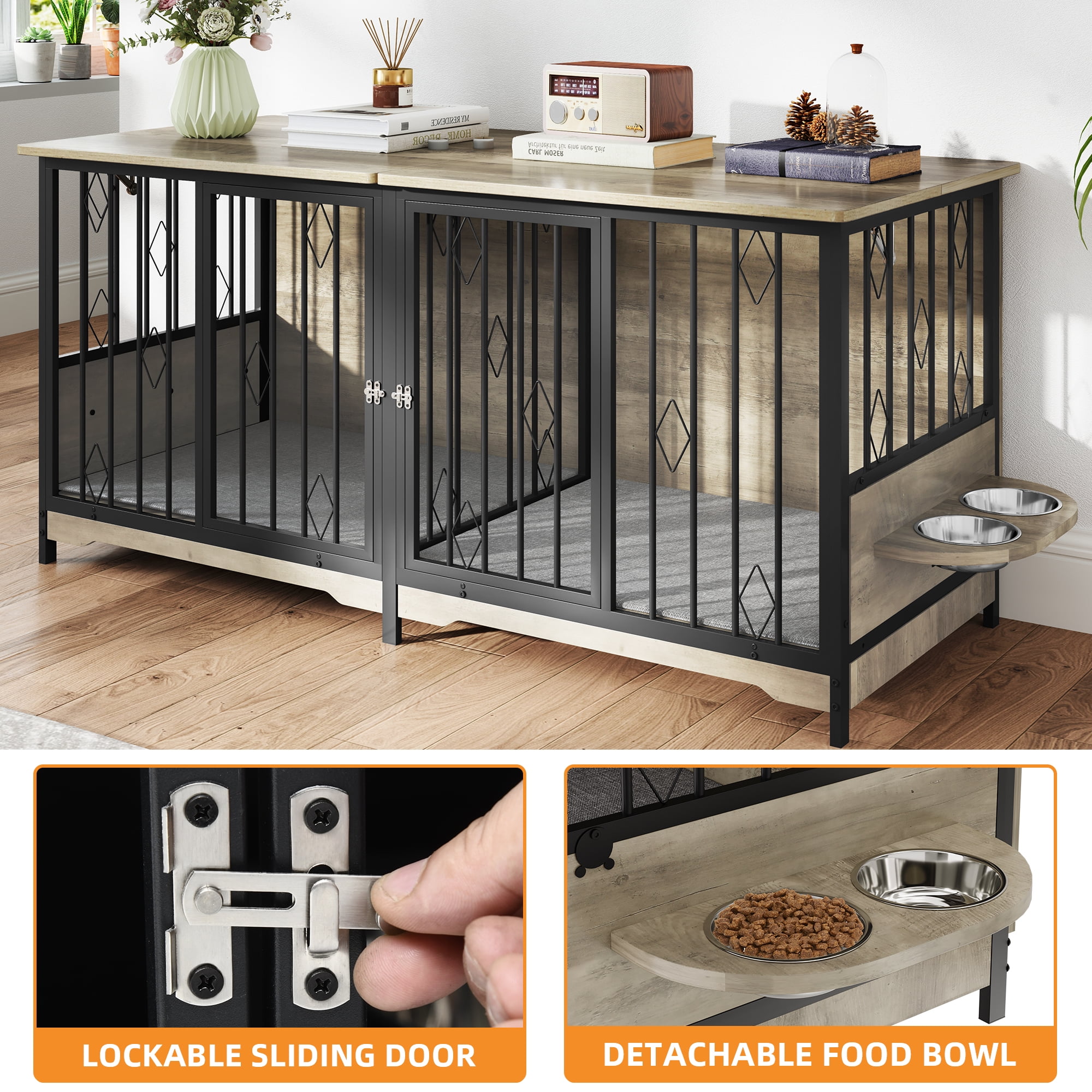 Uforic 71" Large Dog Crate Furniture, Heavy Duty Wooden Double Dog Kennel with with Removable Divider,Dog Cage with 4 Rotatable Bowls&2 Cushions, for Medium Large Dogs,Gray - Image 3