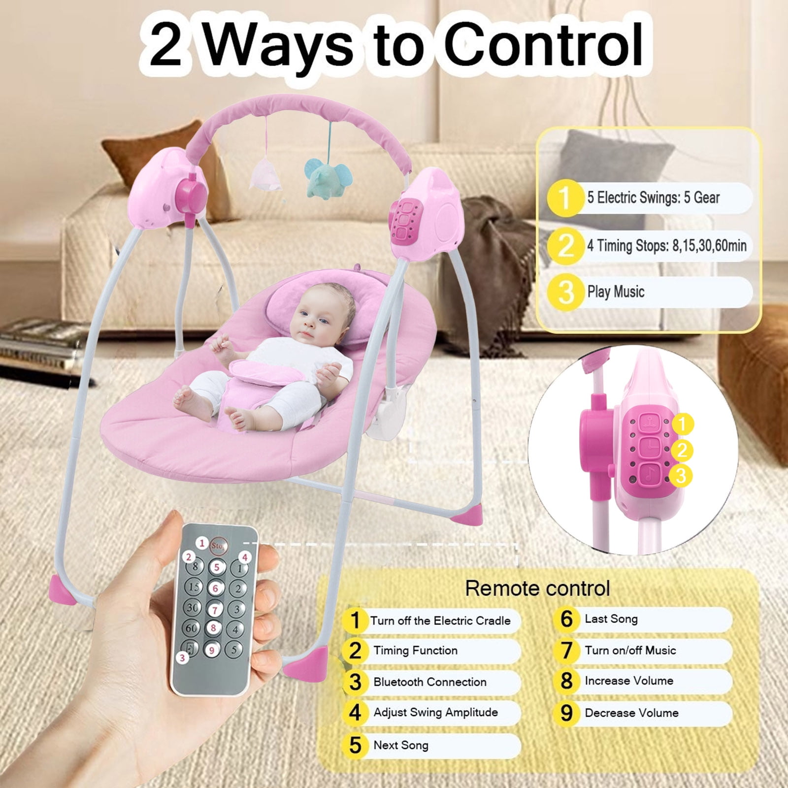 ANJORALA Baby Swings for Infants Toddler, Portable Newborn Swing Bouncer, Bluetooth(Pink) - Image 3