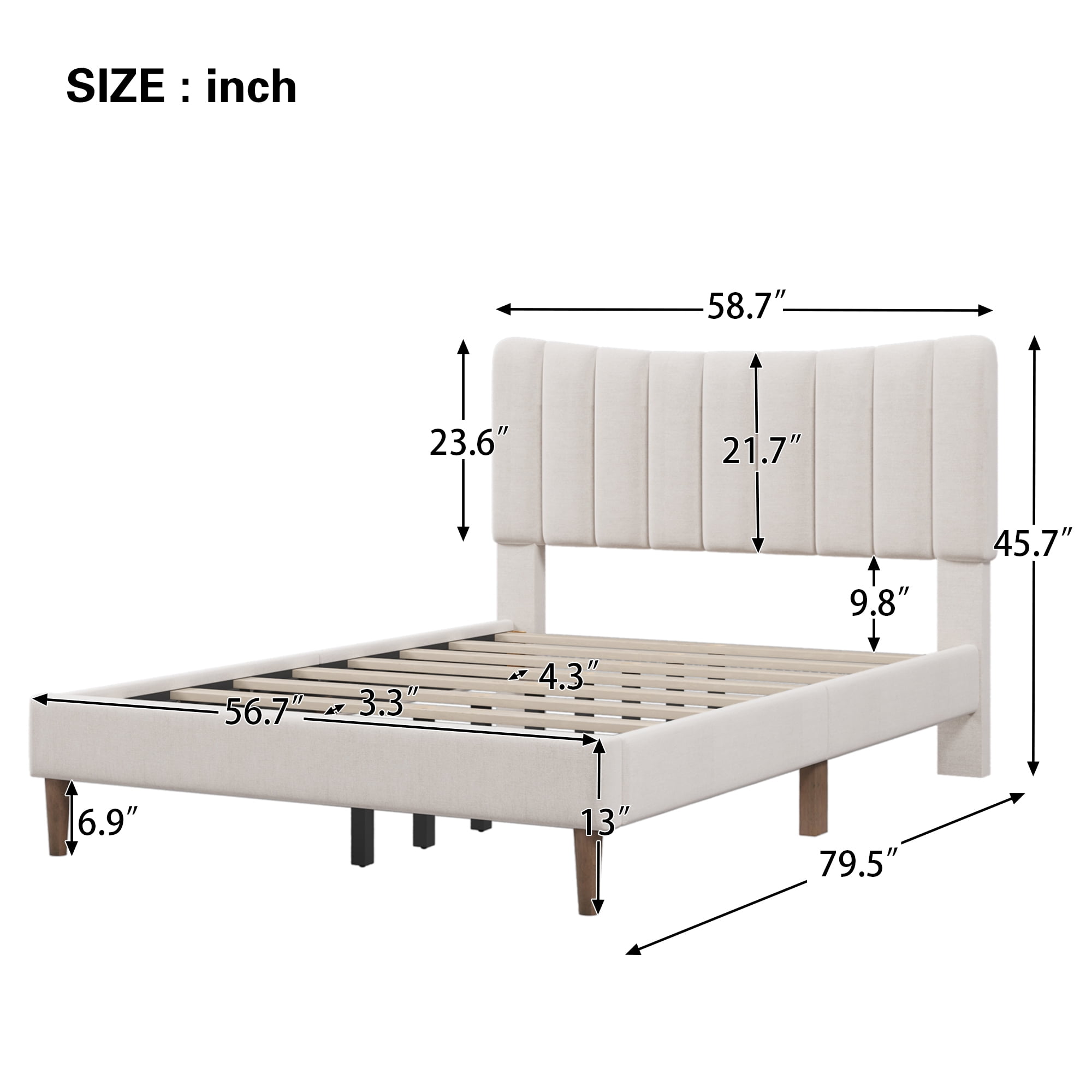 Aukfa Full Upholstered Bed Frame, Platform Bed with Headboard - Beige - Image 4