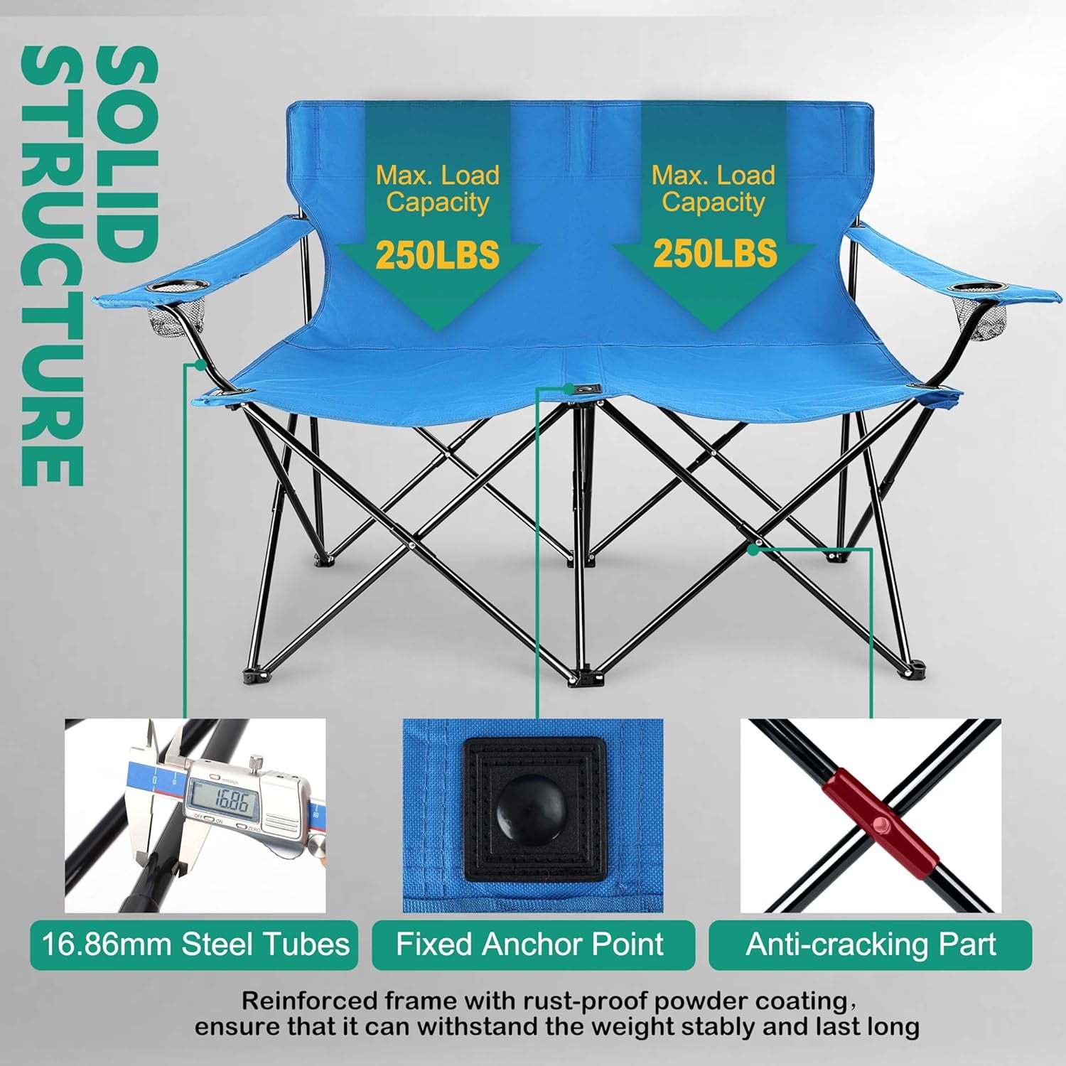 Double Camping Chair, Outdoor Folding Loveseat Chair Supports 500 LBS, Portable Oversized Lawn Chair with Cup Holders for Backpacking Hiking Picnic, Sturdy Steel Frame & 600D Oxford Fabric - Image 3
