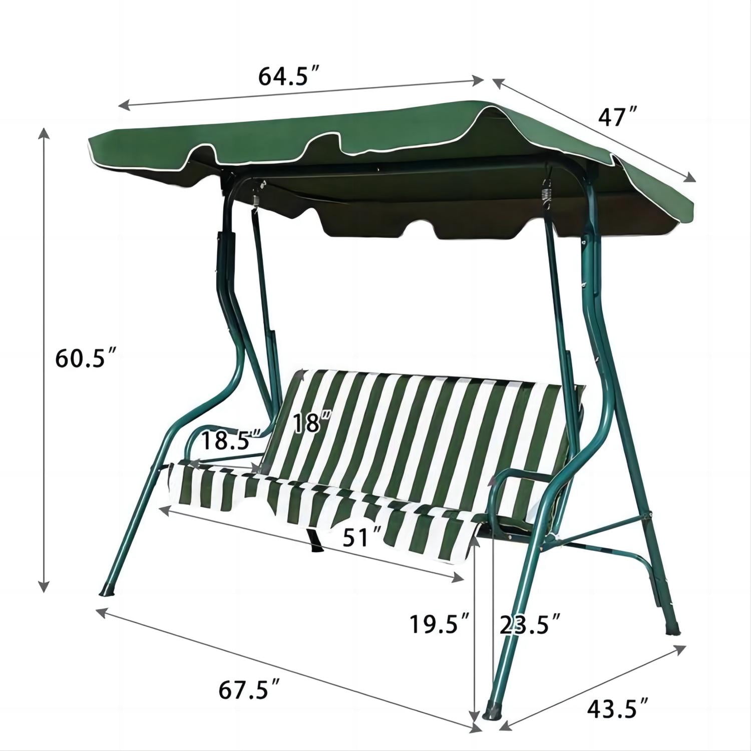 YouYeap 3 Seat Outdoor Patio Swing Chair with Removable Cushion, Green - Image 2