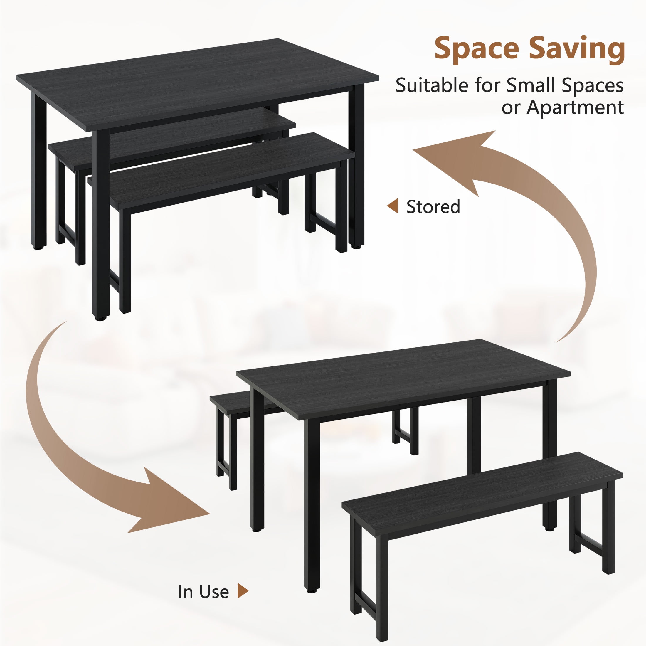 UHOMEPRO Dining Table Set for 4, 3-Piece Kitchen Table Set with 2 Benches, Modern Dining Room Table Set with Metal Frame, Breakfast Nook Furniture Set for Home Cafeteria Bar Dining Room, Black - Image 8