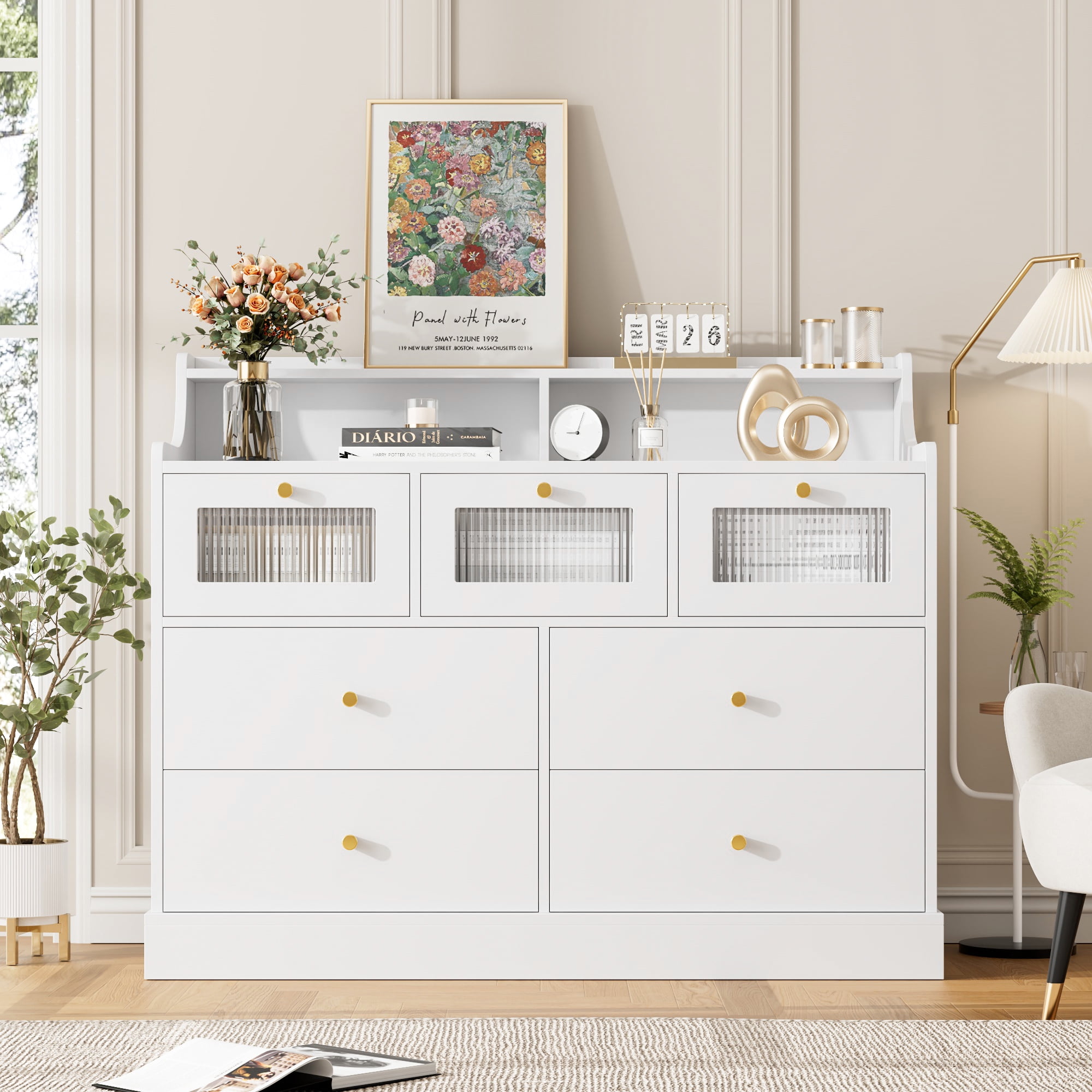 Homfa 7 Drawers Glass Dresser for Bedroom, Modern Storage Cabinet with Gold Knob and Thickened Base, White - Image 2