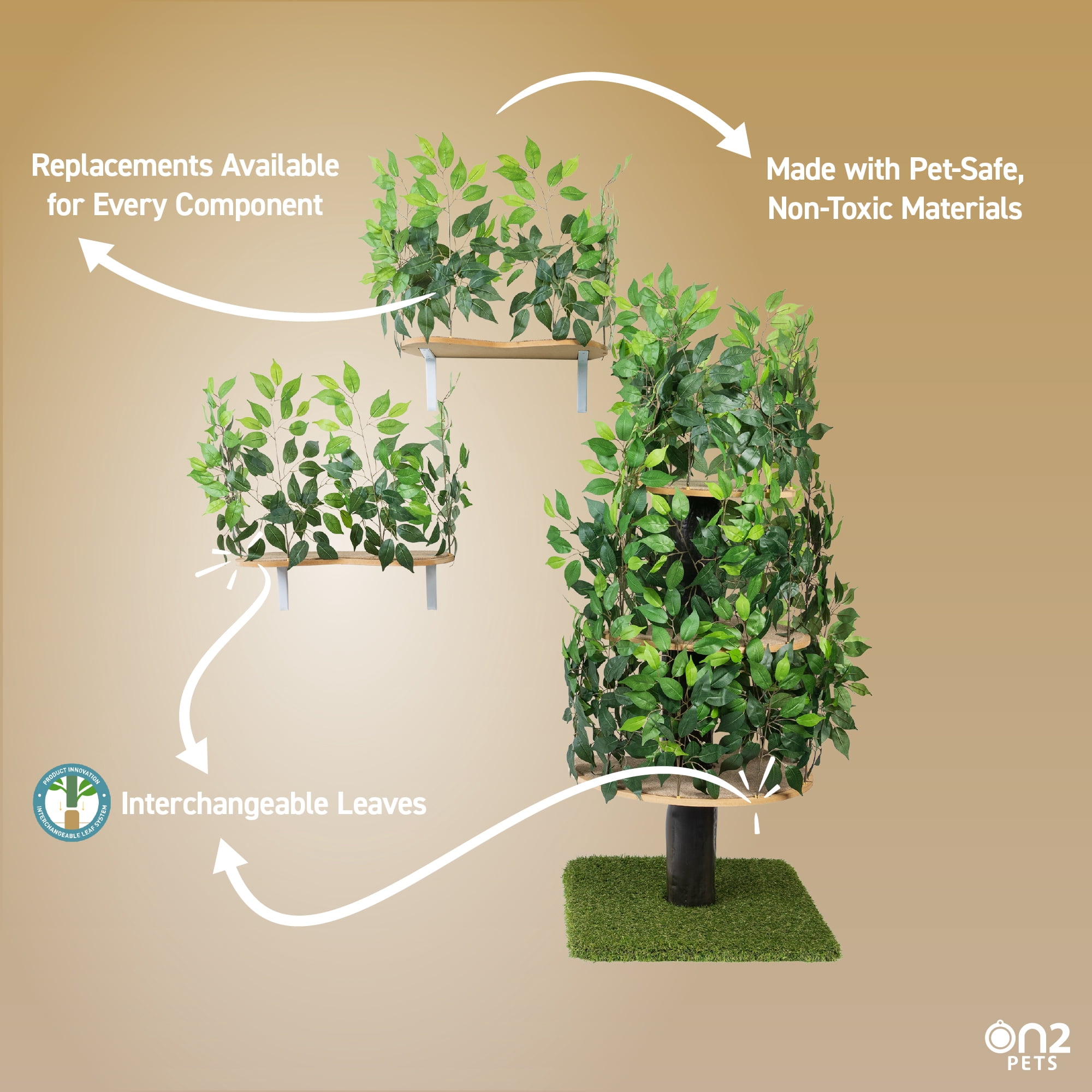 On2 Pets Bundle Cat Activity Tree with Leaves, Cat House & Cat Condo with a Set of 2 Wall-Mounted Cat Shelves, A - Image 4