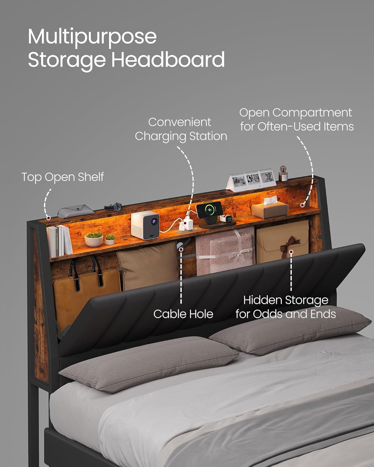 Queen Contemporary Steel PU Standard Bed with LED Lights, 1000lb Heavy Duty Platform Bed with Adjustable Lighting & No Box Spring Needed - Image 8