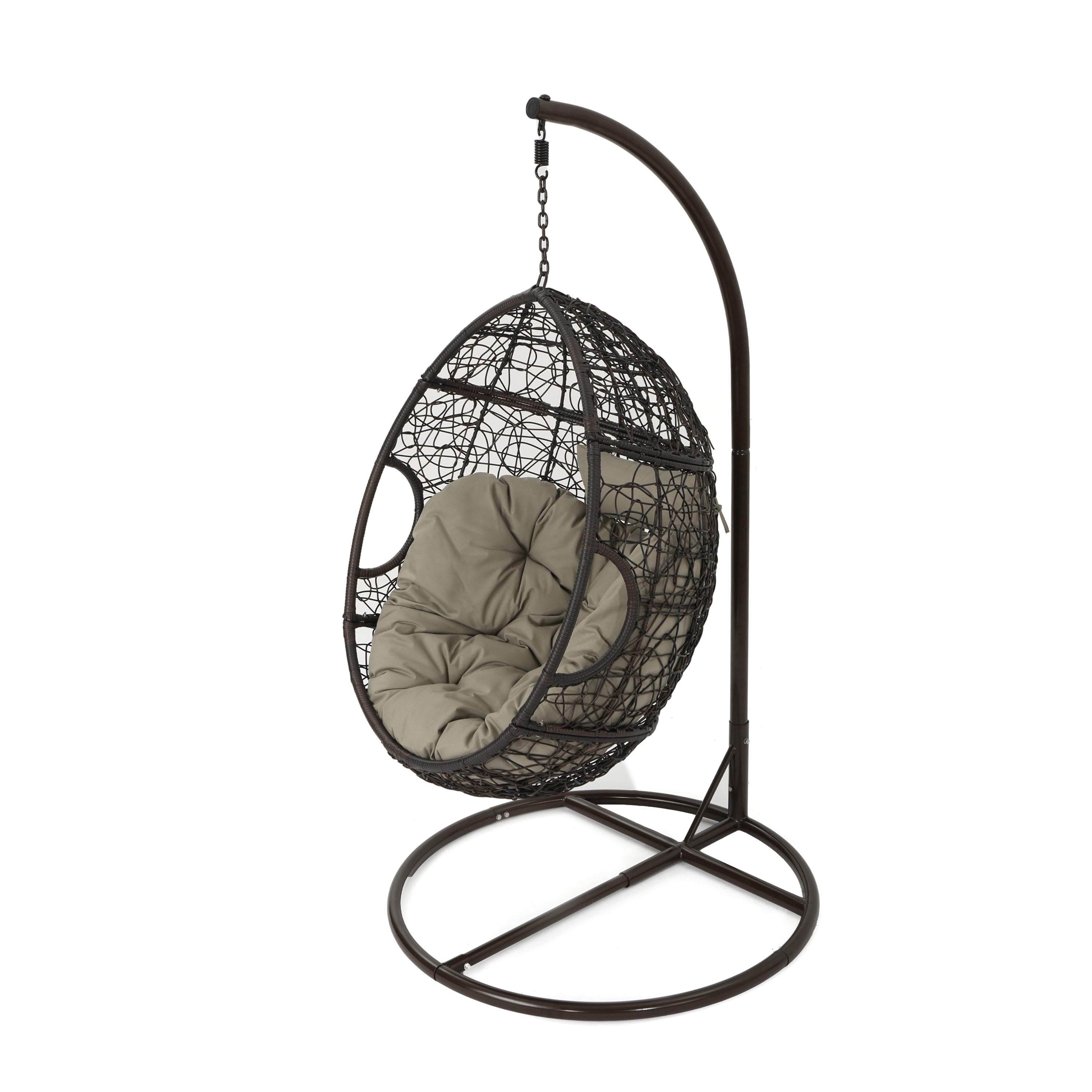 Casey Outdoor Wicker Hanging Basket Chair with Cushions and Iron Base,Khaki,Brown,Multibrown - Image 11