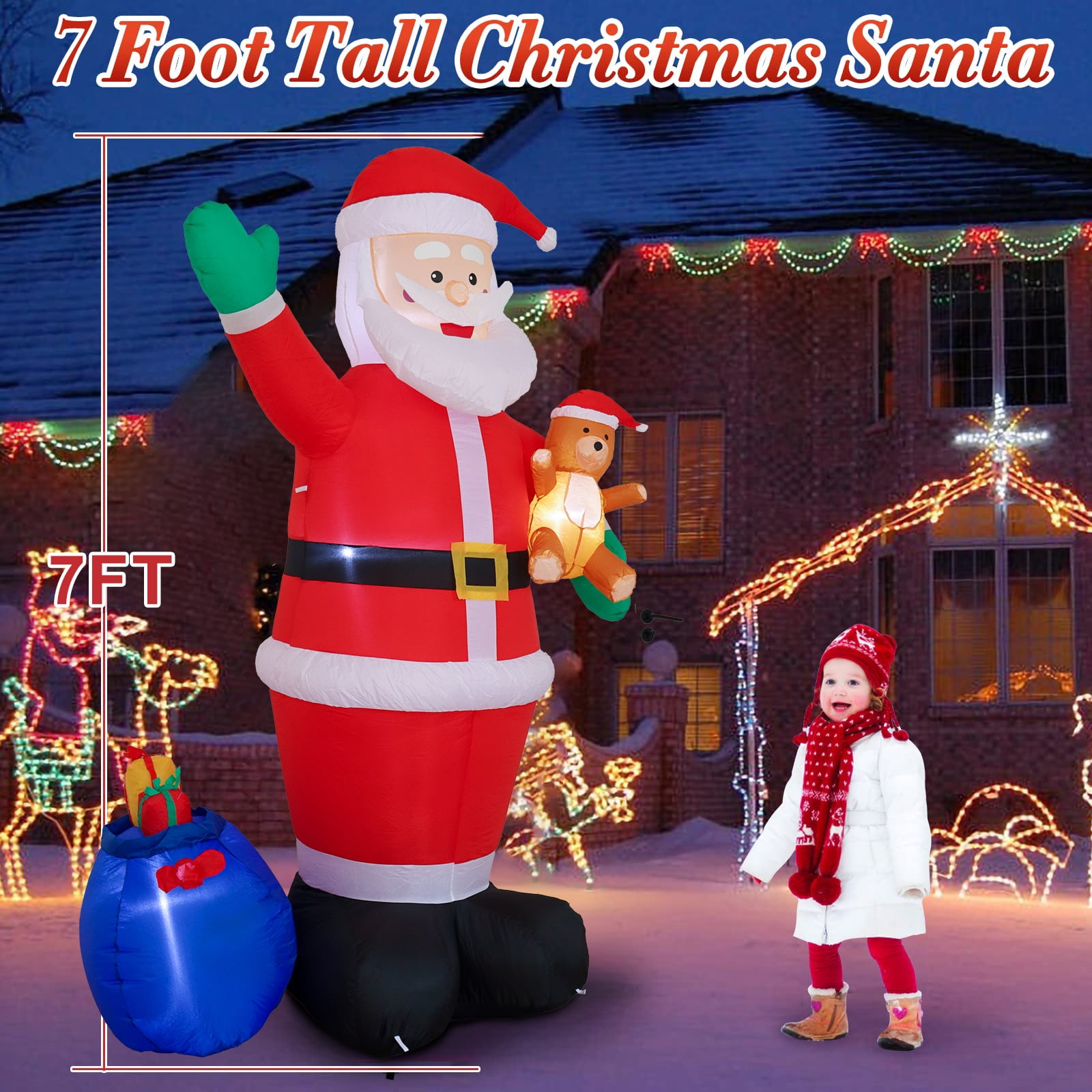 DAKIMOE 7 ft Tall Christmas Inflatable Santa Claus with Gift Bag and Bear Lights Outdoor Indoor Holiday Party Decorations Blow up Lawn Inflatables for Xmas Décor Home Family Decor Yard Patio - Image 3