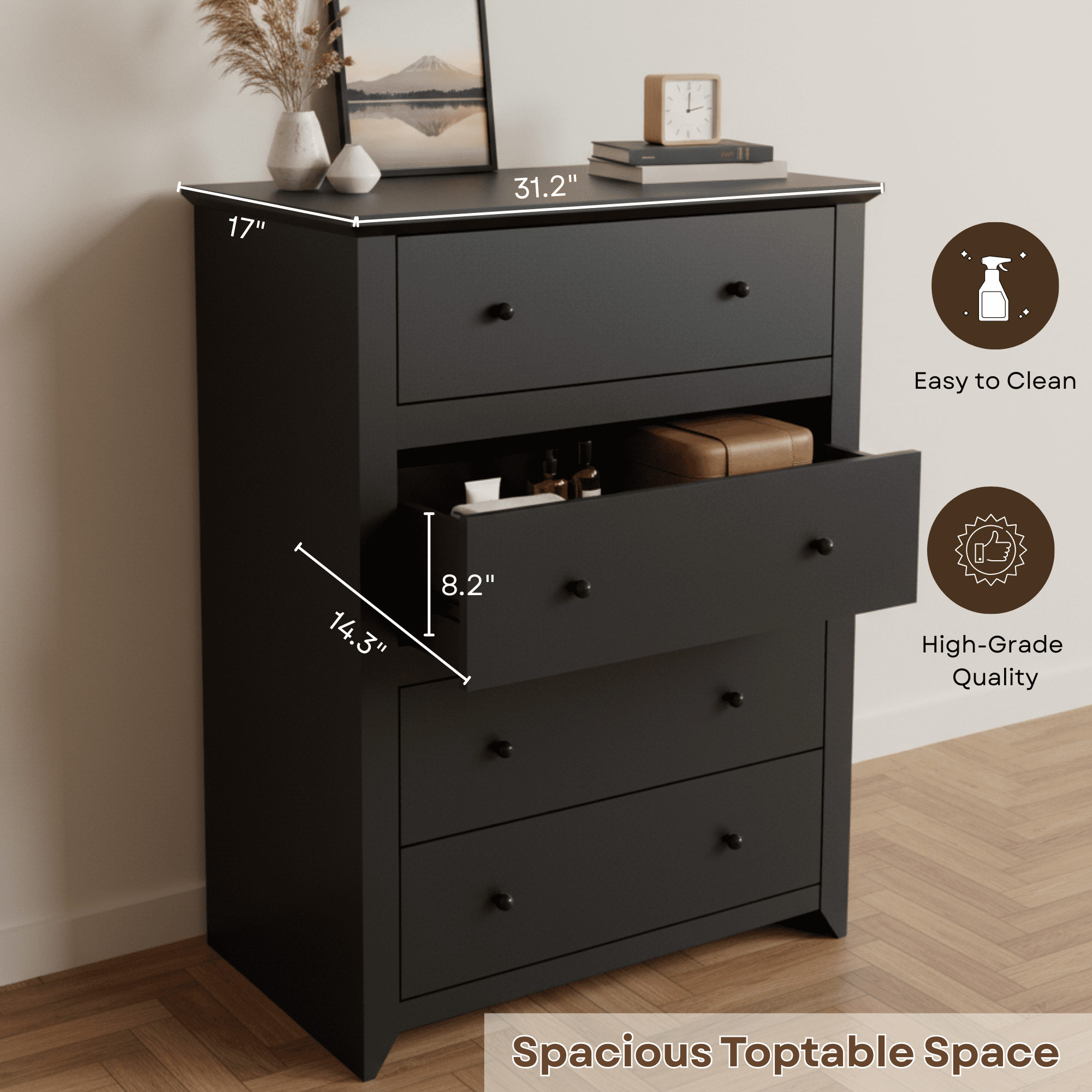 TrumanPick Black Dresser for Bedroom with 5 Drawers 47" Tall Chest of Drawers Wooden Dressers for Closet Living Room - Image 3