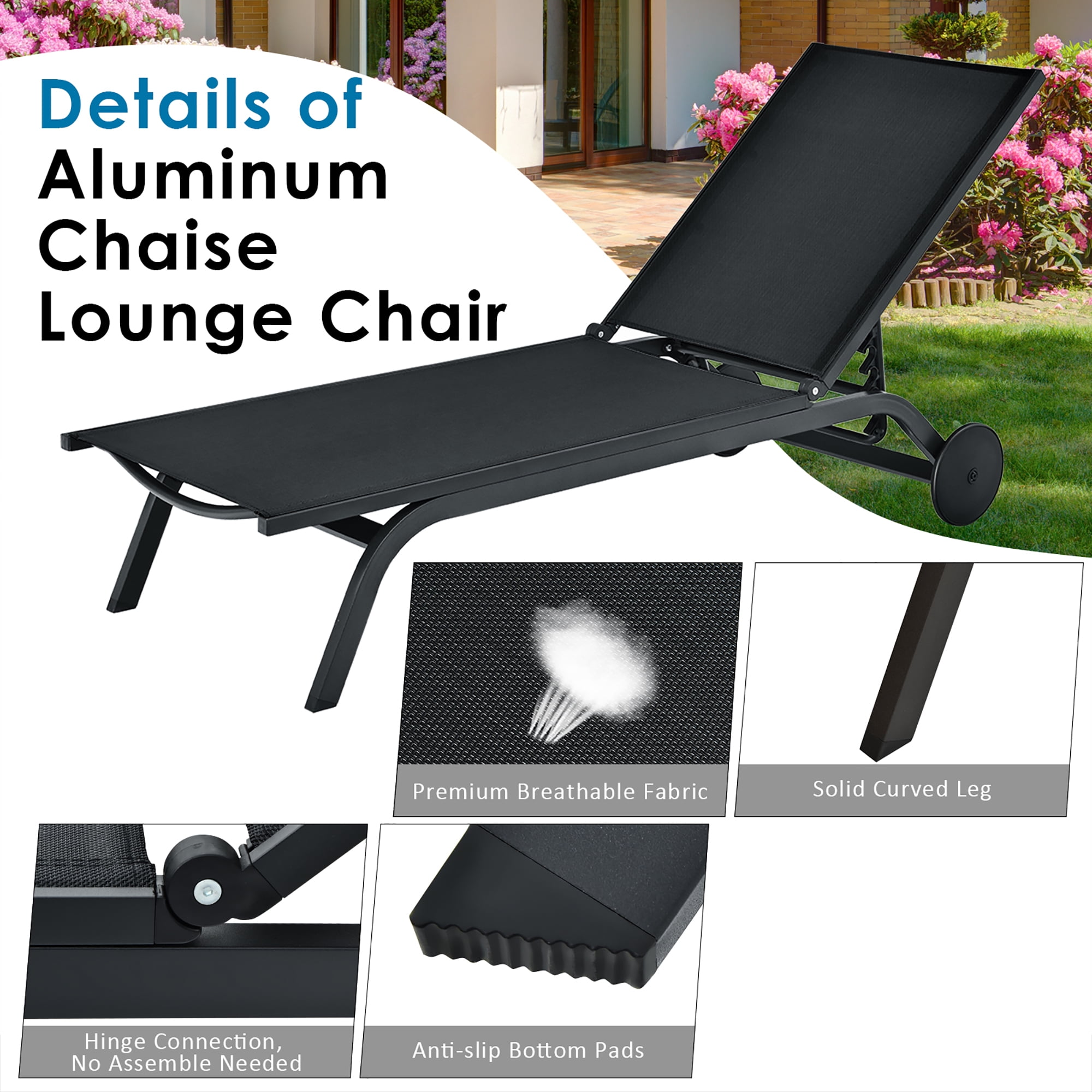 Costway Outdoor Lounge Chair Chaise Reclining Aluminum Fabric Adjustable Black - Image 5