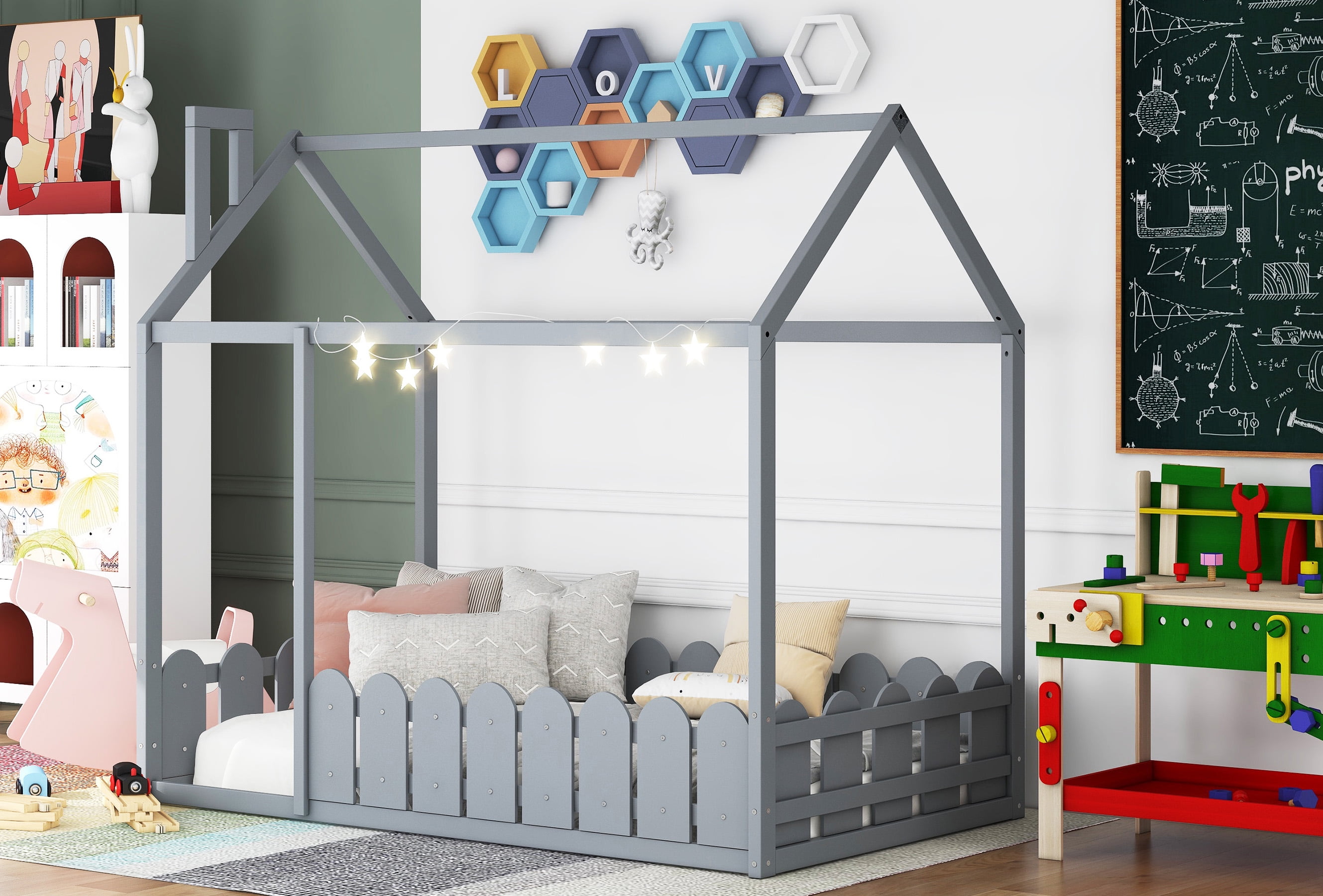 Aukfa House Bed for Kids, Wood Bed Frame with Roof and Fence, Twin Bed, Gray - Image 4