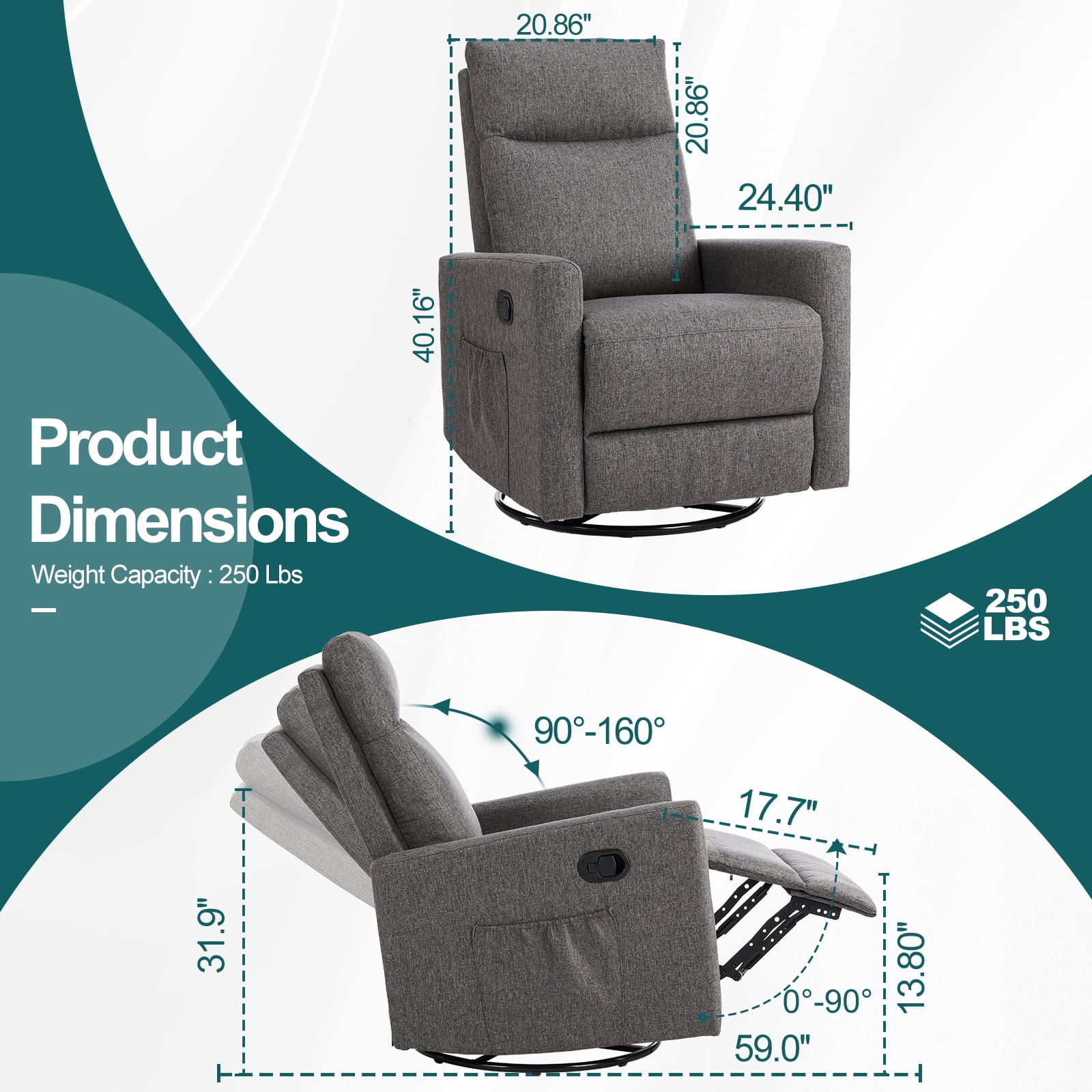 Recliner Message Chair with Footrest, Swivel Rocking Glider, High Back Upholstered Deep Seat for Living Room, Grey - Image 6