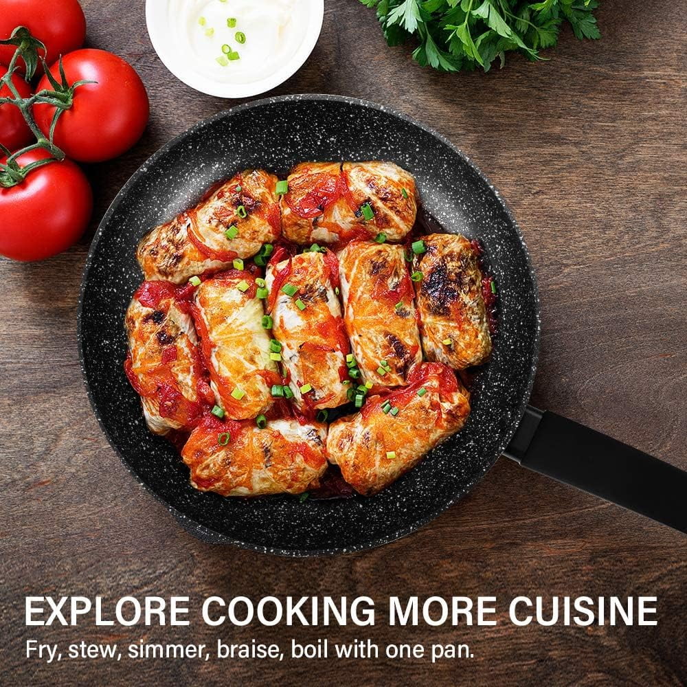 CS KOCHSYSTEME 8"+11" Nonstick Frying Cookware Sets with Lids - Frying Pan Sets with Granite Coating, Classic Skillet Chef's Pan Cookware, PFOA & APEO Free, Bakelite Handle, Induction Compatible - Image 3