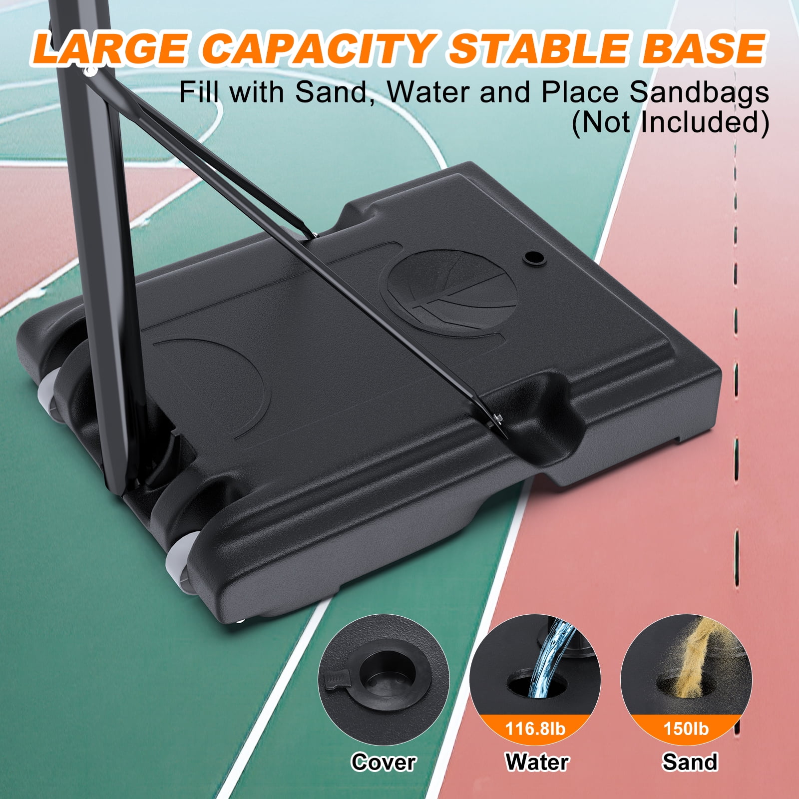 GIKPAL Portable Basketball Hoop System,Quickly Height Adjustable 4.9-10FT with 44" Shatterproof PVC Backboard for Kids/Teenagers /Adults Indoor Outdoor with Wheels - Image 4