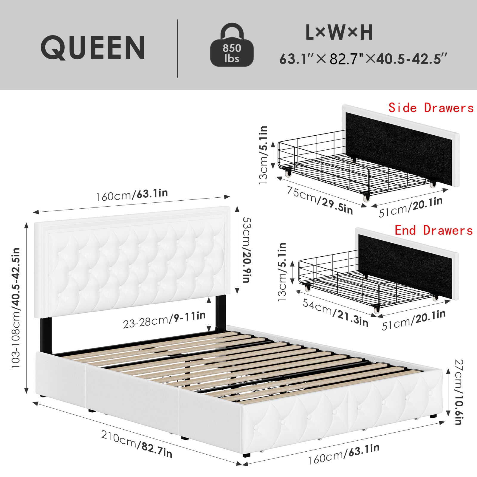 Homfa Queen LED Bed with 4 Drawers, LED Lights Platform Storage Bed Frame with Upholstered Adjustable Button Tufted Headboard, PU White - Image 5