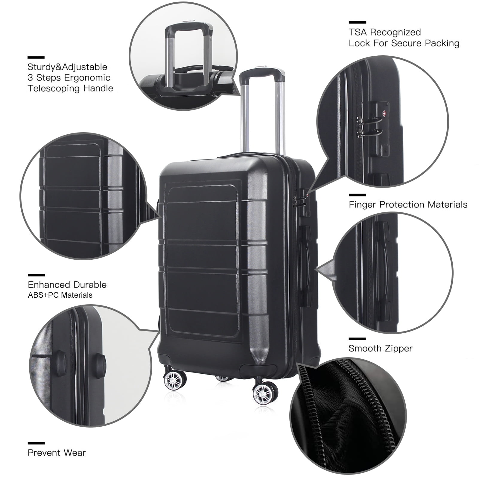 Camkey 20" Carry-on Luggage with Ergonomic Handles and TSA Lock, Black - Image 2