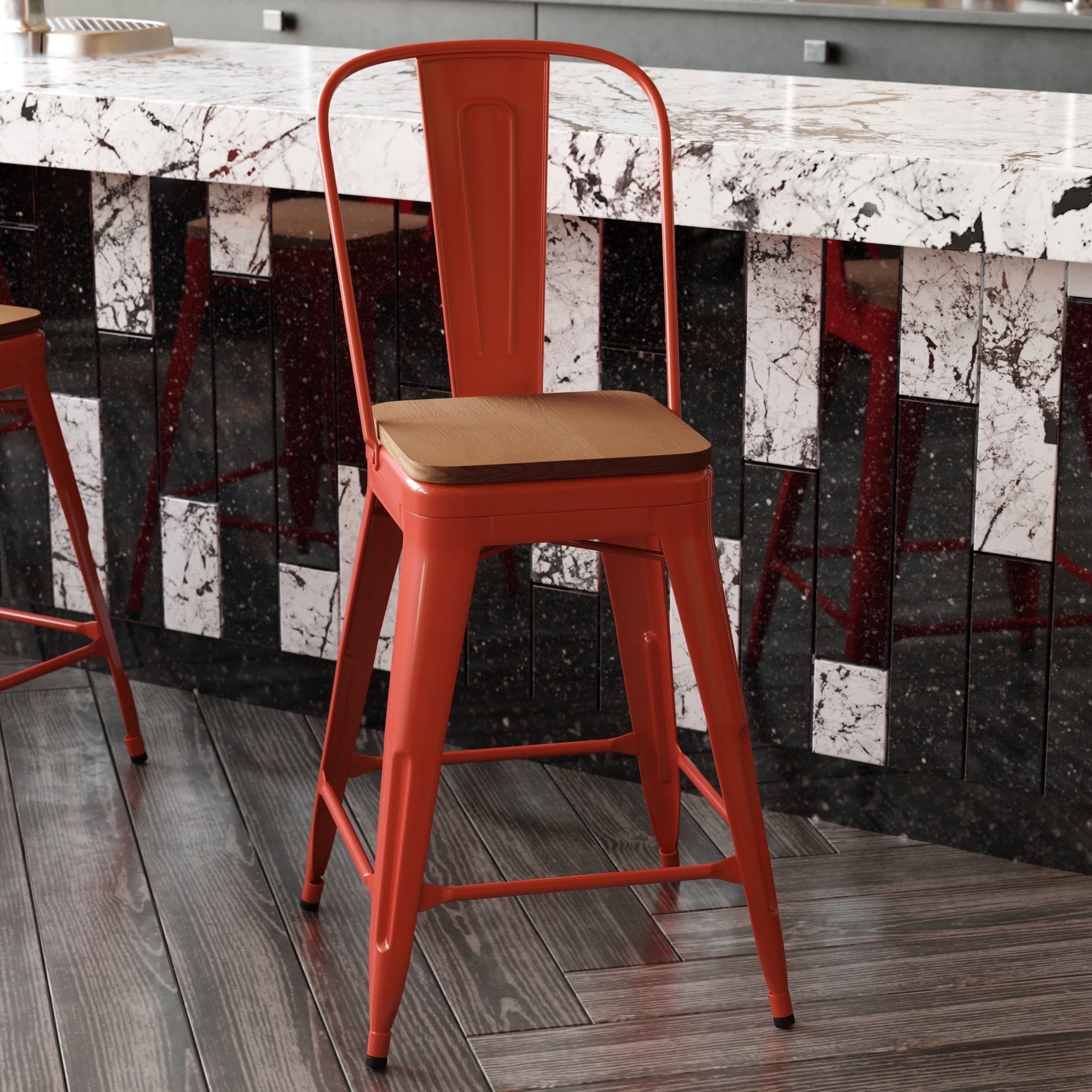 24" Red Stool-Teak Seat - Image 8