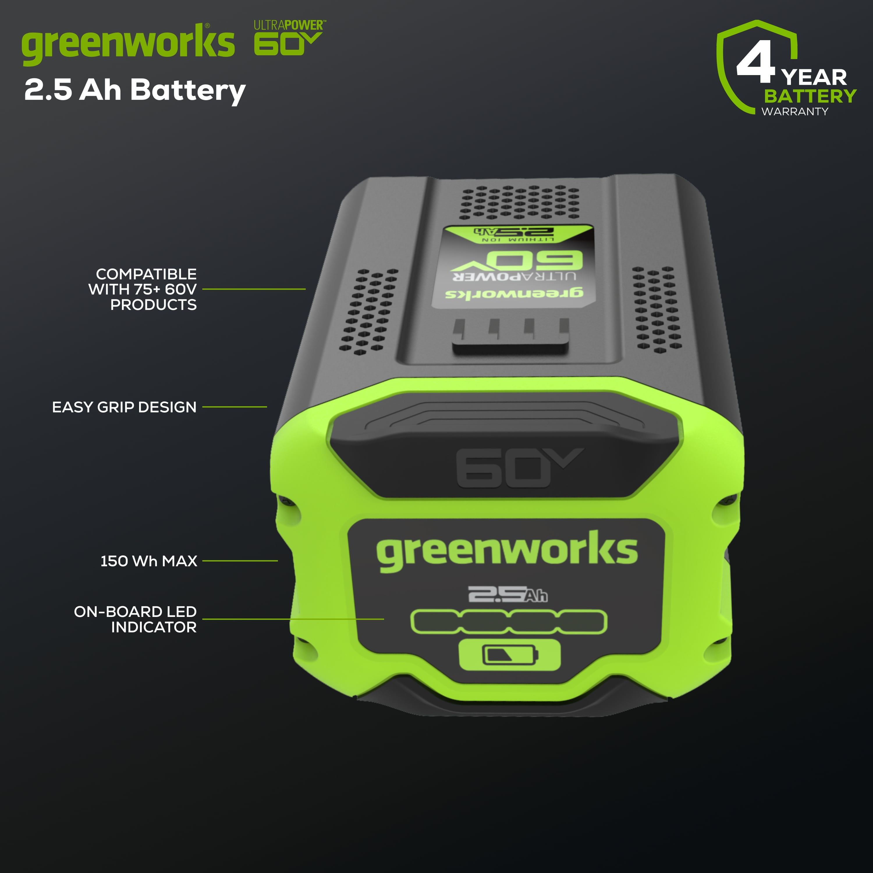 Greenworks 60 Volt 2.5Ah Battery 1807202 - Image 4