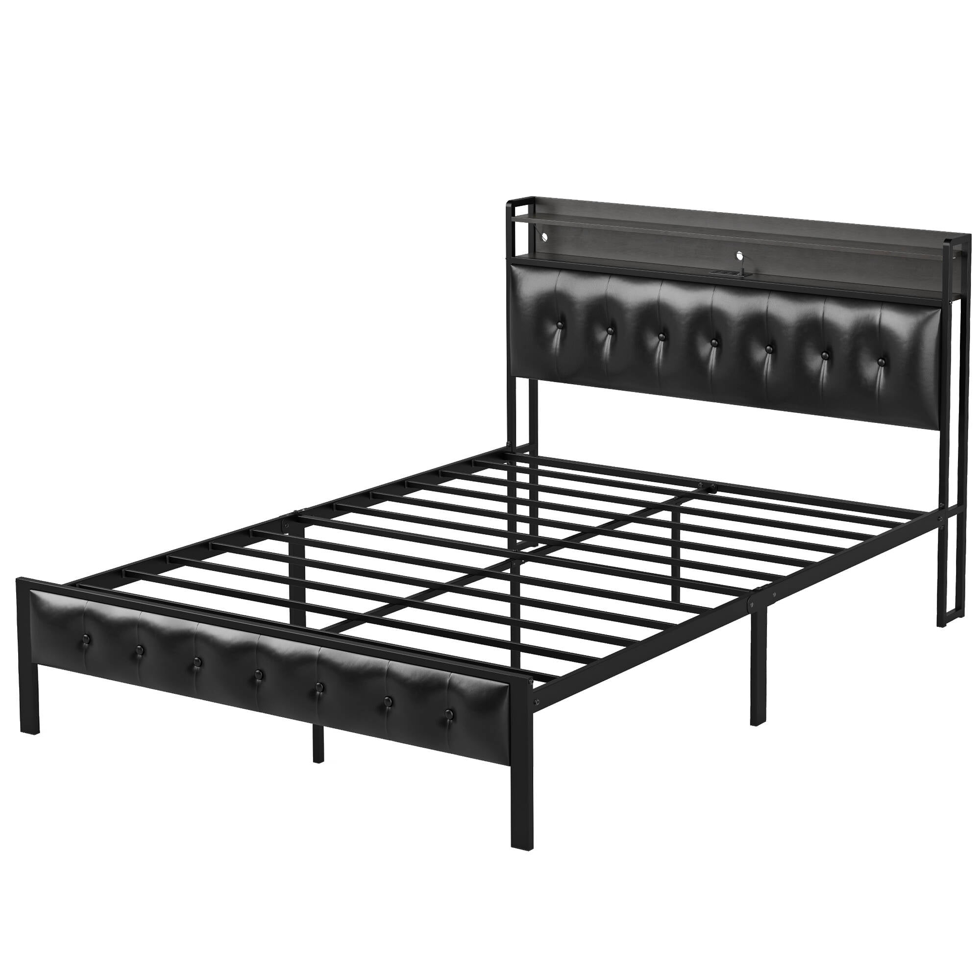 GUNAITO Queen Bed Frame with Storage Headboard Upholstered Platform Bed with LED Lights and Power Charging Station, Black - Image 6
