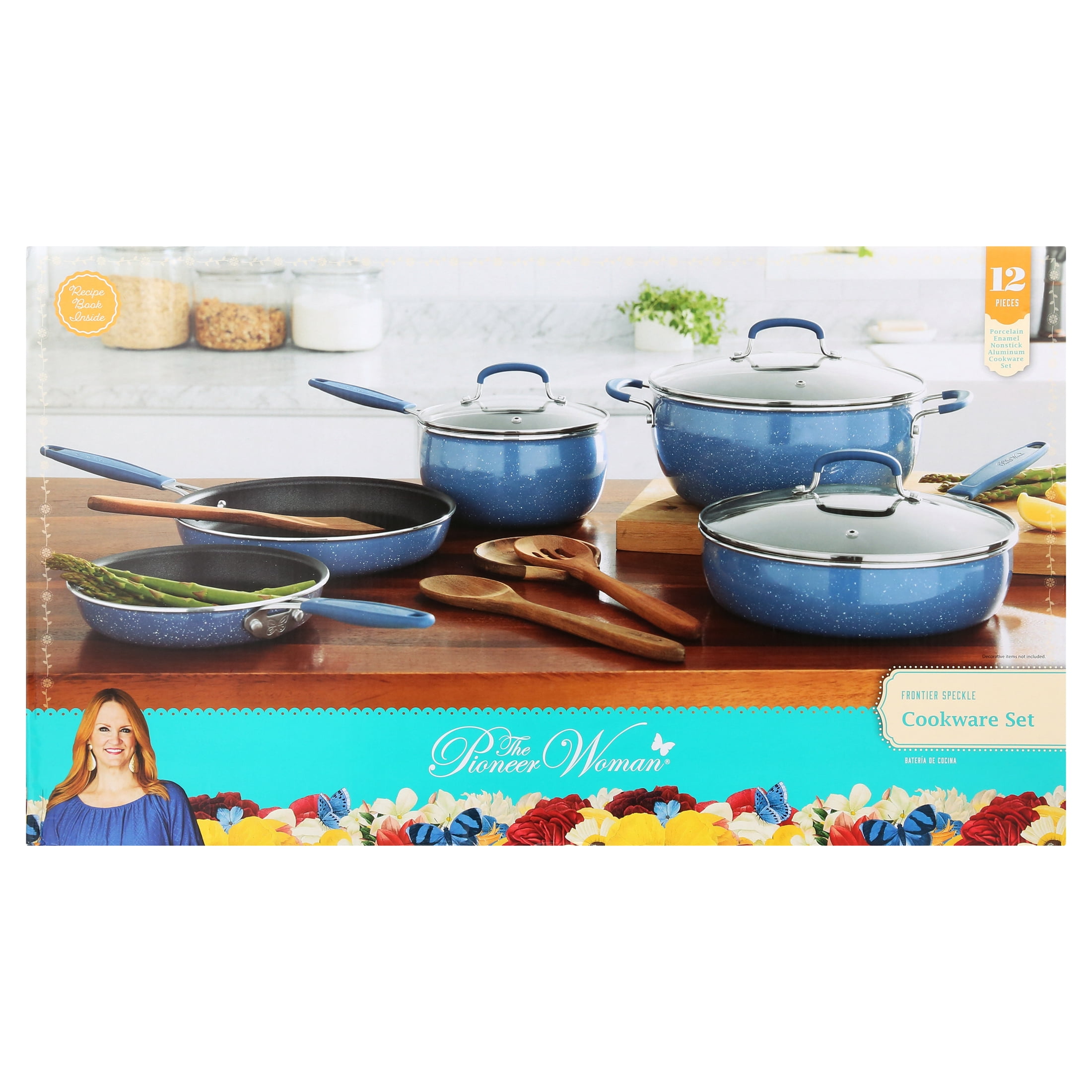 The Pioneer Woman Frontier Speckle 12-Piece Nonstick Cookware Set with Soft Grip Handles, Denim Blue - Image 2