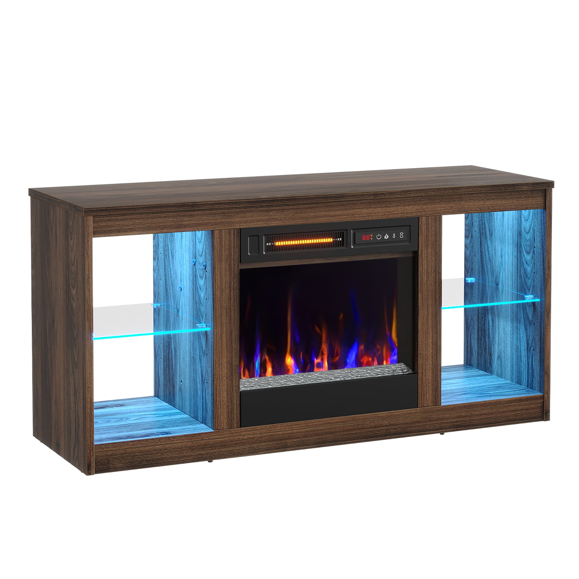 Bestier Modern Electric Fireplace TV Stand for TVs up to 55", with LED and Glass Shelves, Walnut - Image 4