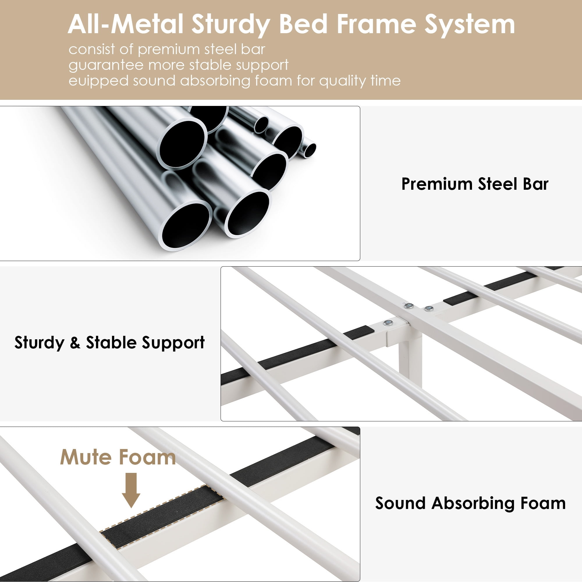 Homfa Queen Size Canopy Bed Frame, 2 Storage Drawers Metal Platform Bed with Button Tufted Upholstered Headboard, Canopy Bed Curtain Not Included, Beige - Image 2