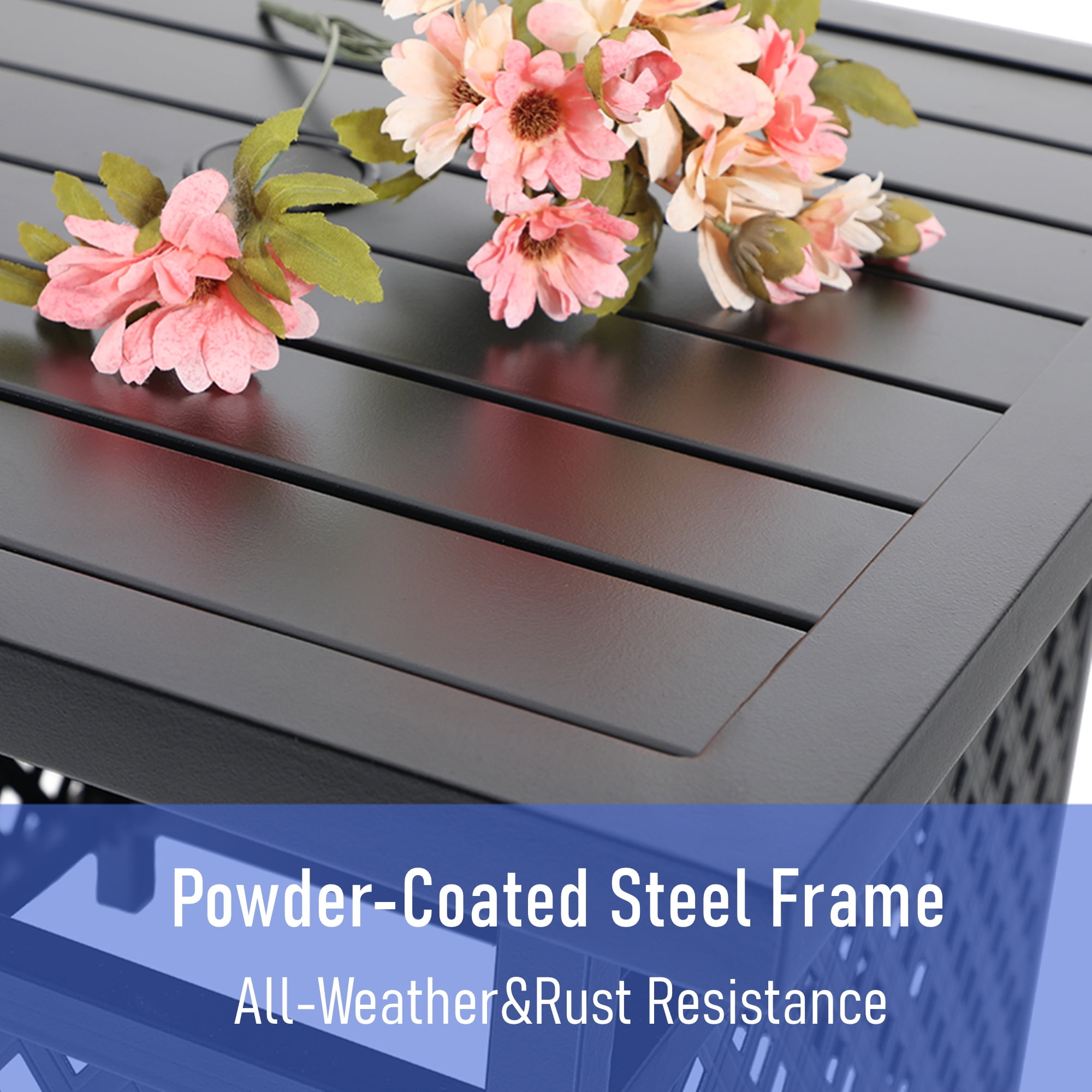 MF Studio 4-Piece Outdoor Conversation Set with 9 ft Umbrella, Side Table & Two Stack-able Chairs, Black & Beige - Image 5