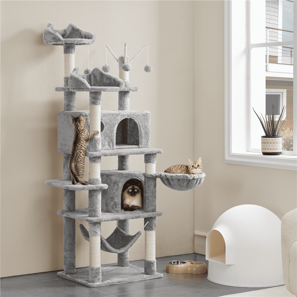 Alden Design 67" H Multi-Level Cat Tree Tower with 2 Cat Condos & Hammock Basket, Light Gray - Image 8