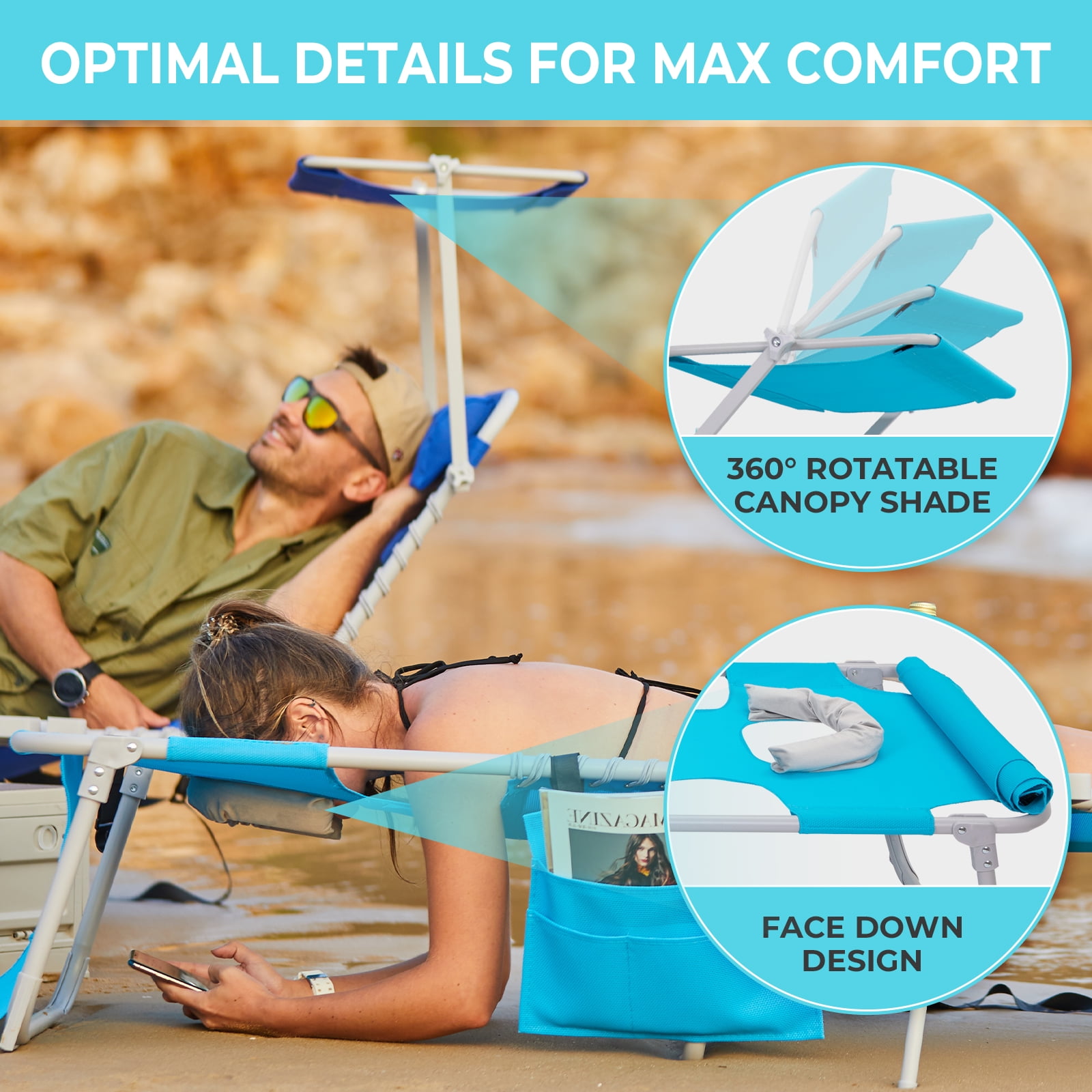 #WEJOY Portable Beach Chaise, Lounge Chair, 5-Position Adjustable Reclining Chaise, Folding Chaise with Face Hole, Sunshade, 3-in-1 Pocket and Side Table, Weight up to 264 lbs - Image 6