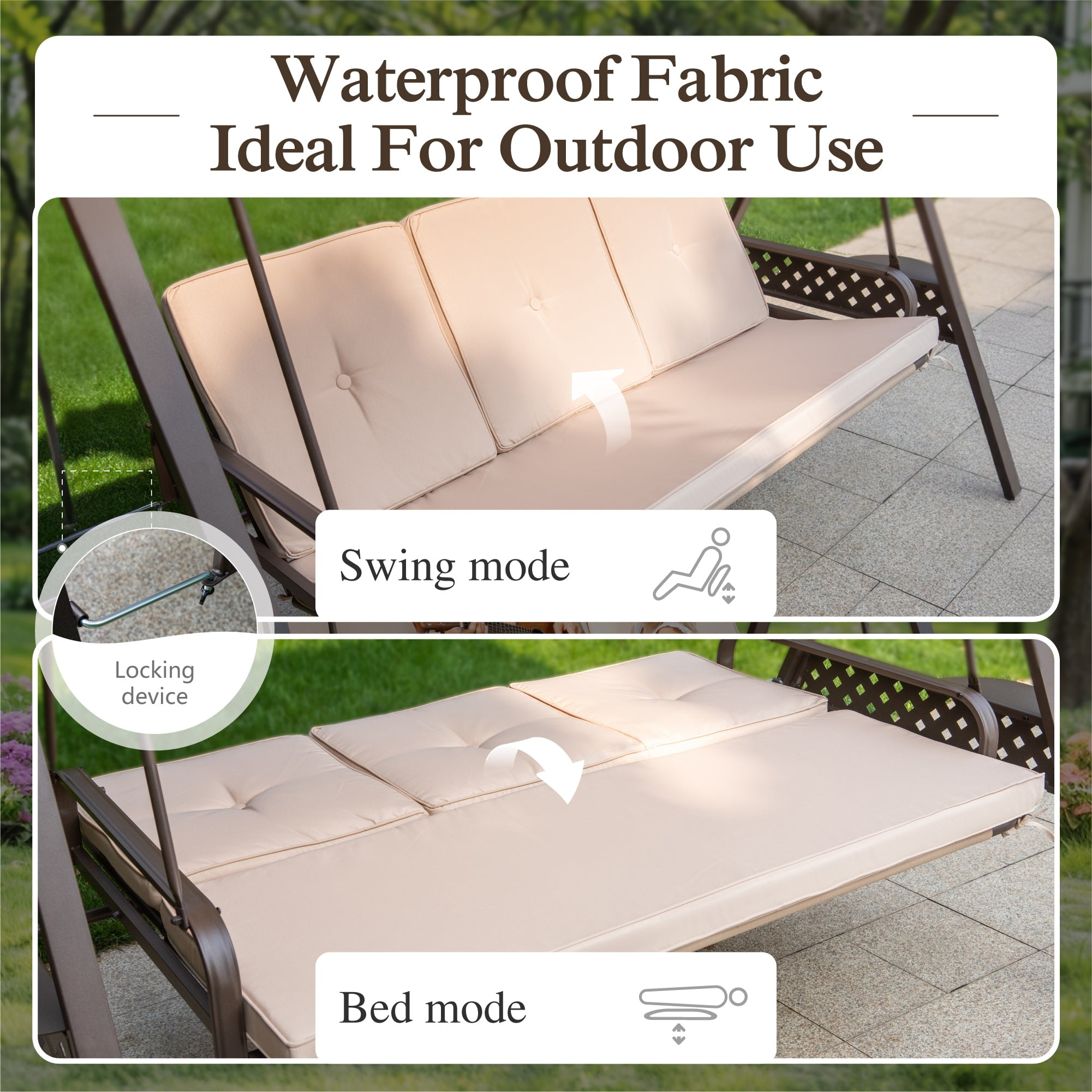 Sophia & William 3-Seat Outdoor Converting Canopy Swing Glider Patio Hammock with Side Table - Beige - Image 4