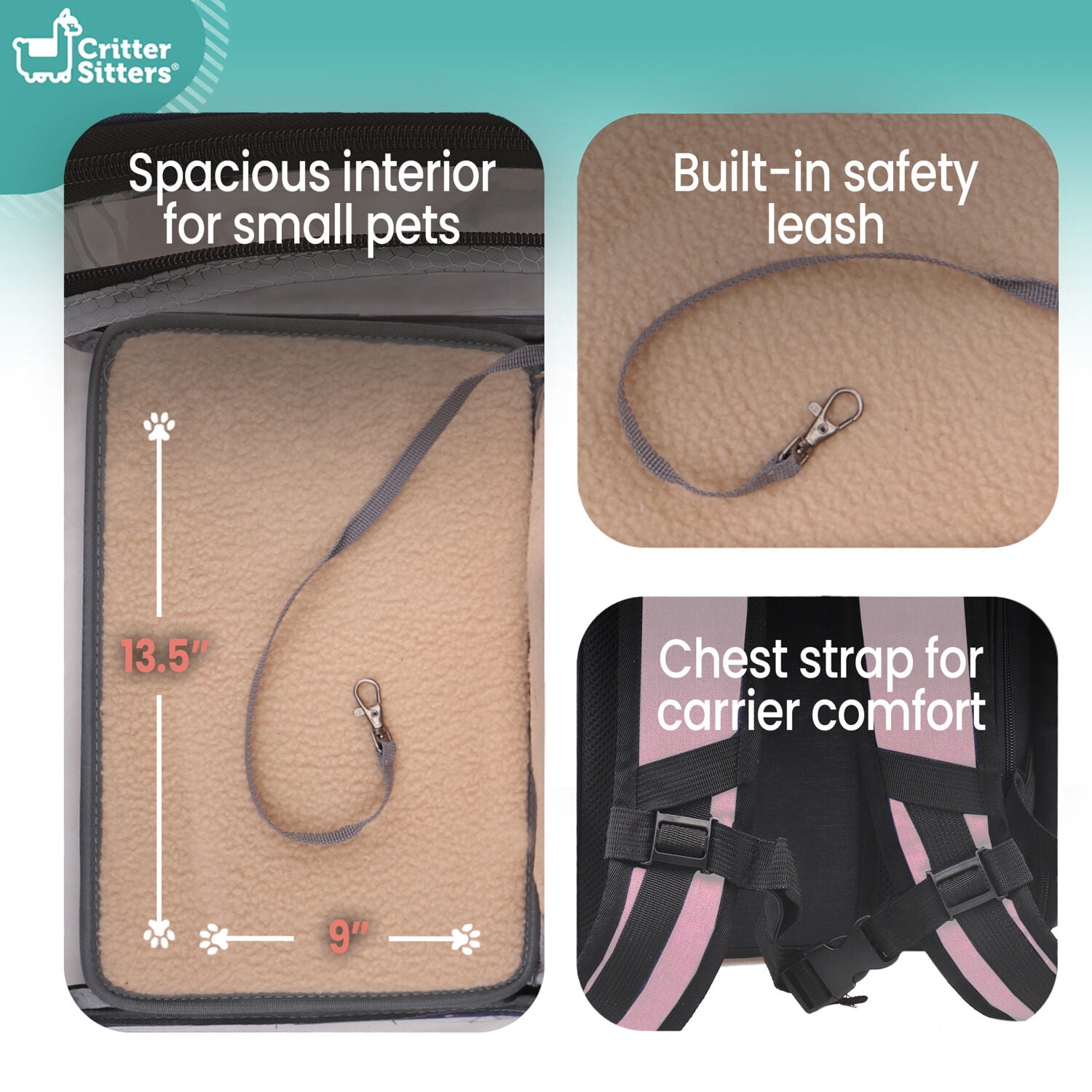 Critter Sitters Light Pink See-Through Pet Backpack for Small Dogs, Cats with Scratch Resistant Breathable Mesh Window | Airline Carry-On Approved | Safety Leash | Durable Transporation for Animals - Image 5