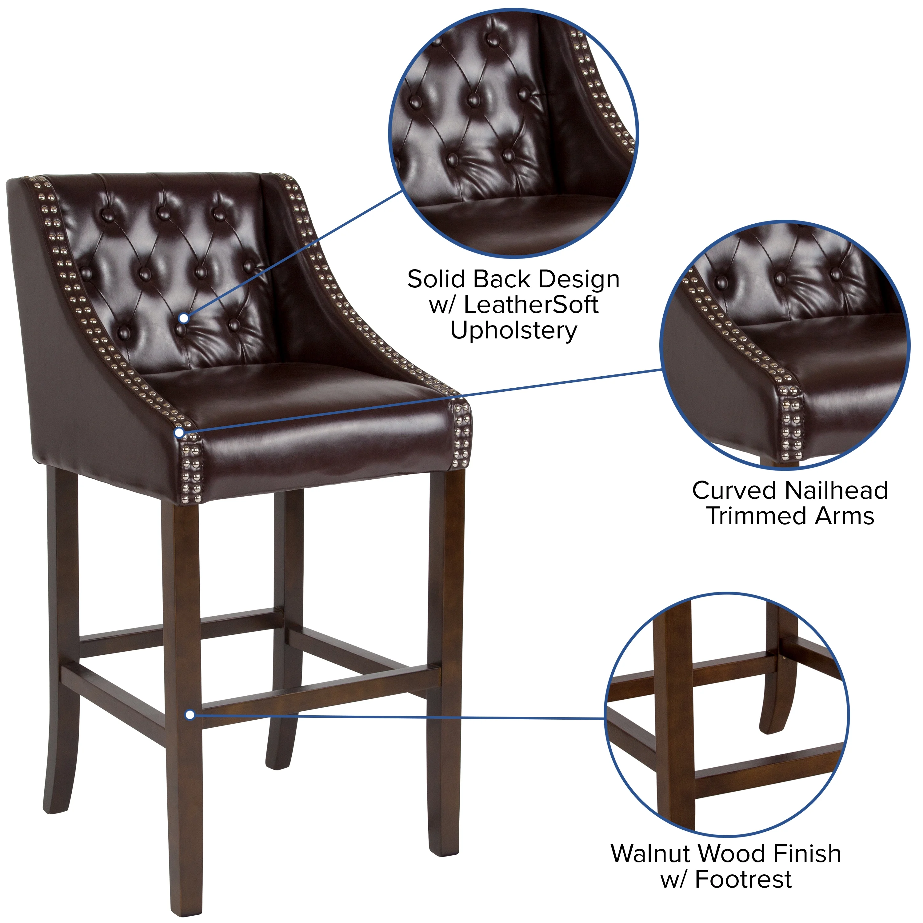 Flash Furniture Carmel Series Tufted Bar Stool Nailhead Trim, Brown LeatherSoft - Image 2