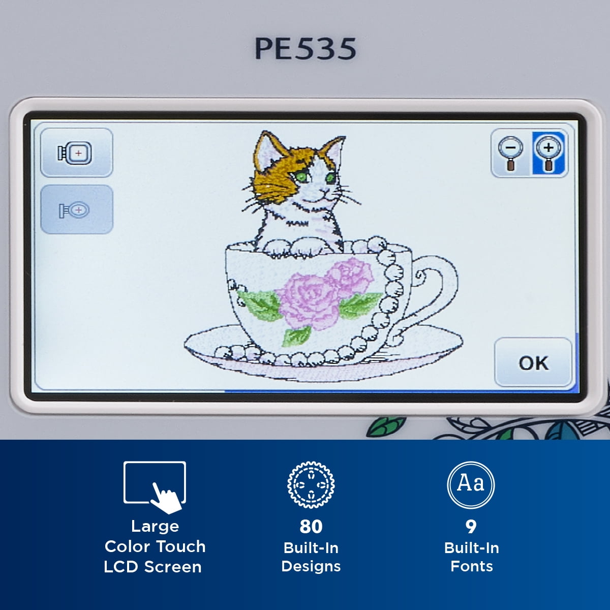 Brother Embroidery Machine, PE535, 80 Built-in Designs, 9 Font Styles, 4" x 4" Embroidery Area, 3.2in LCD Touchscreen, USB - Image 7