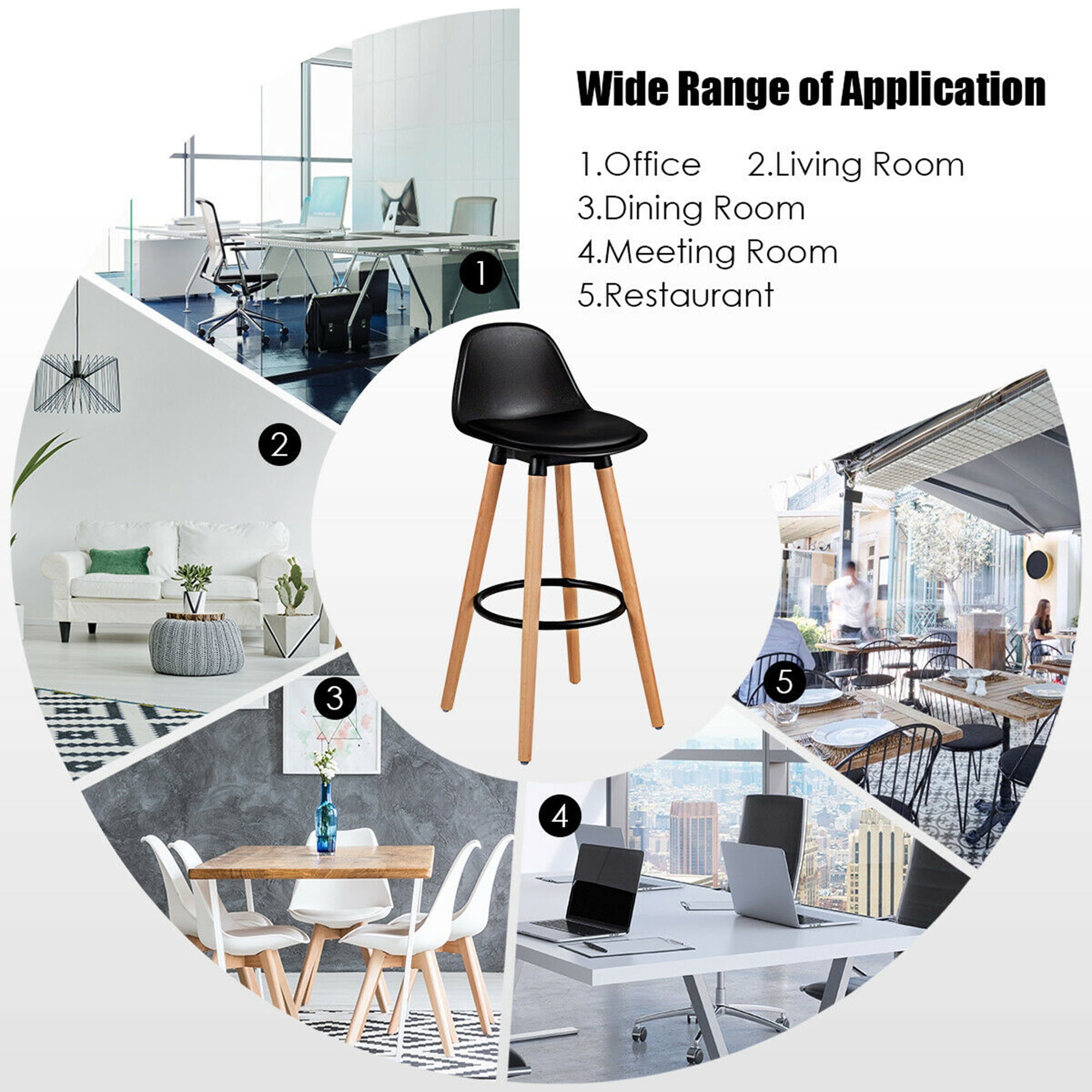 Gymax Set of 2 Mid Century Barstool 28.5" Dining Pub Chair w/Leather Padded Seat Black - Image 9