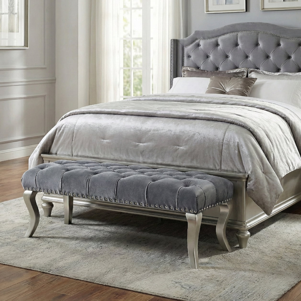 Roundhill Furniture Decor Maxem Fabric Upholstered Bench with Nailhead Gray - Image 9