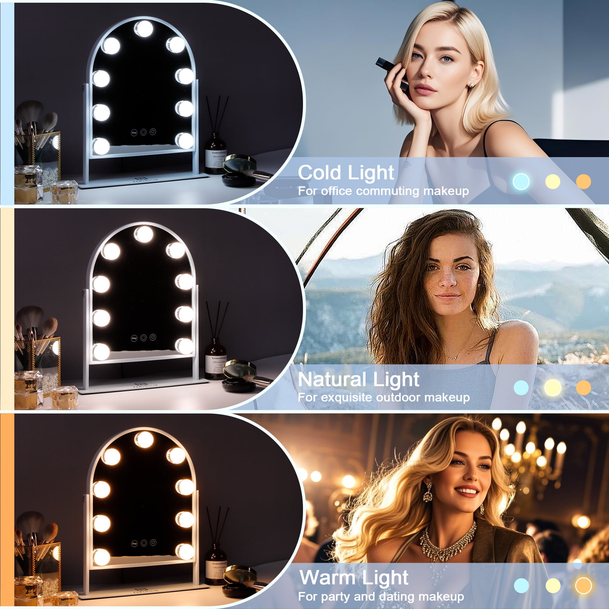 Fenchilin 12''x14'' Arch Vanity Makeup Mirror with Lights Metal Tabletop White - Image 9