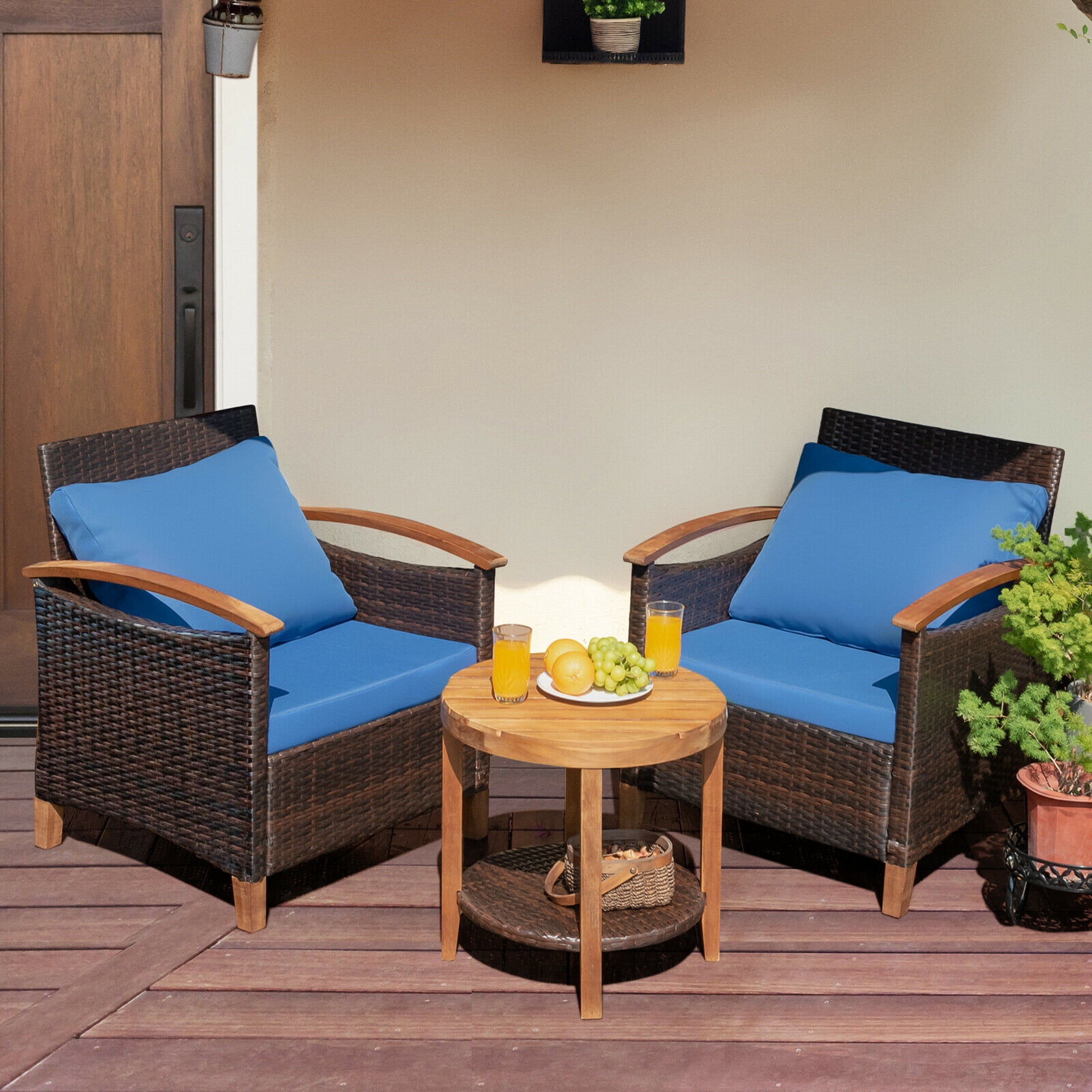 Gymax 3PCS Patio Wicker Rattan Conversation Set Outdoor Furniture Set w/ Cushion - Image 6