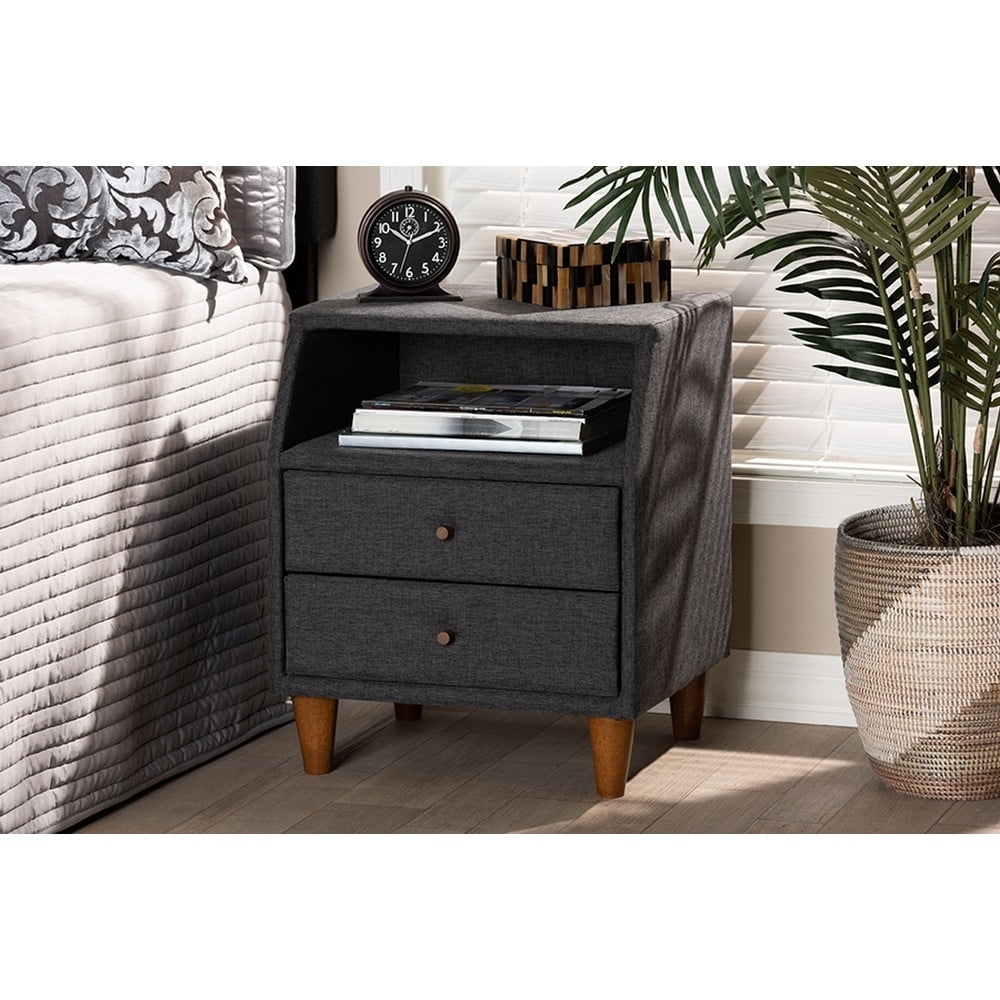 Baxton Studio Claverie Mid-Century Modern Charcoal Fabric Upholstered 2-Drawer Wood Nightstand - Image 5