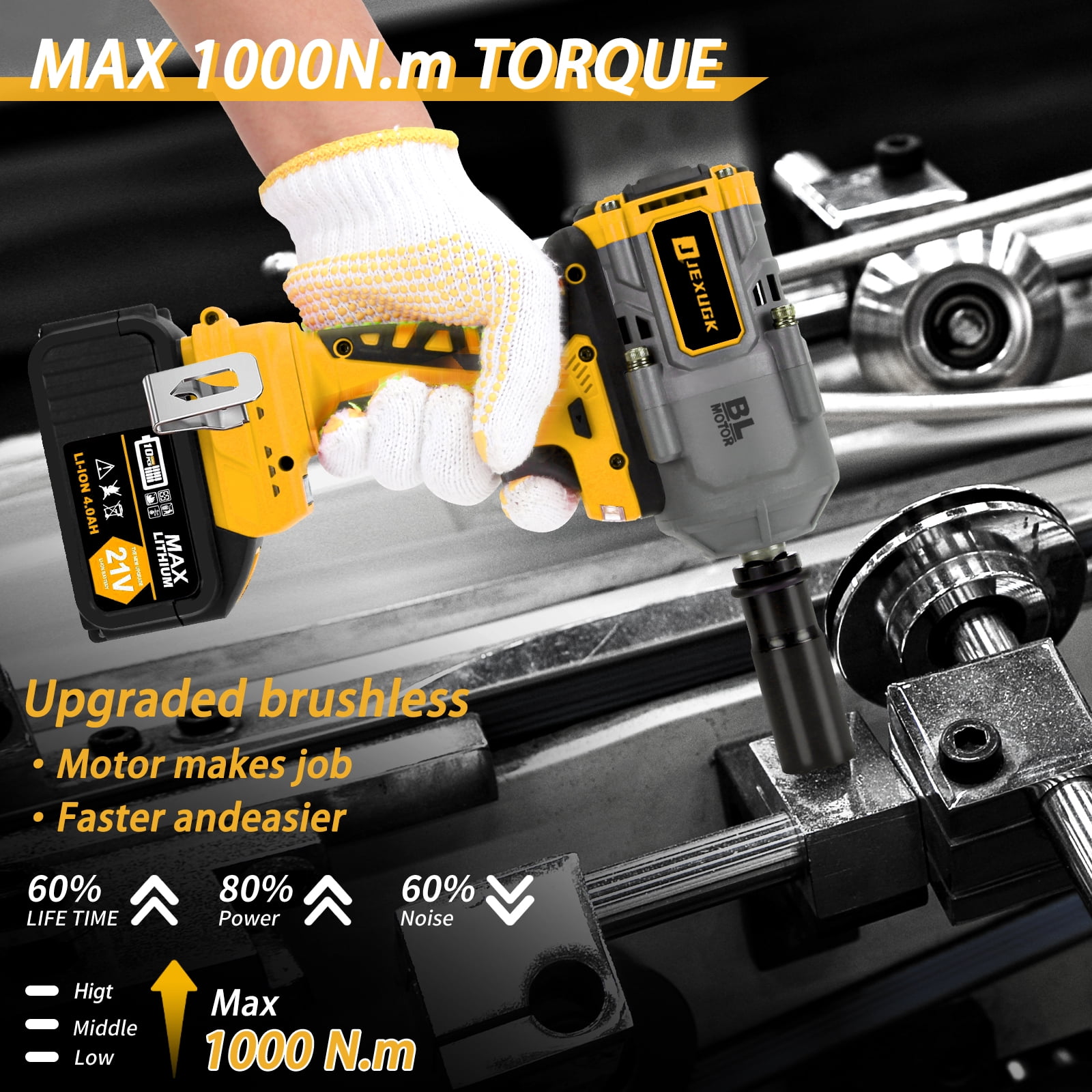 JEXUGK 1000N.m(740ft-lbs) 21V Cordless Impact Wrench,1/2 inch High Torque Impact Gun with 2 x 4.0Ah Batteries & 5 Sockets,Electric Impact Variable Speeds for Car Truck Mower - Image 5