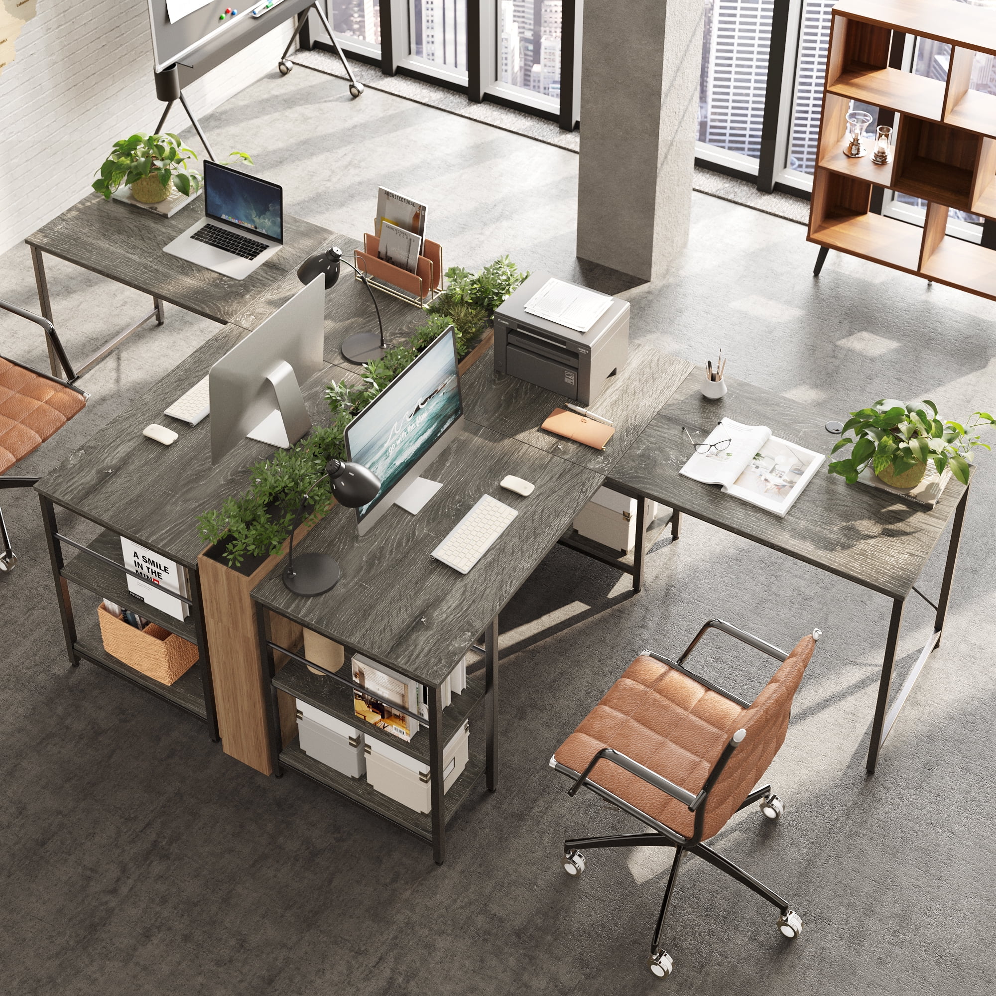 Bestier 95.5 inches L-Shaped Corner Computer Desk with Shelves Long Table Three-Way Convertible in Grey - Image 8