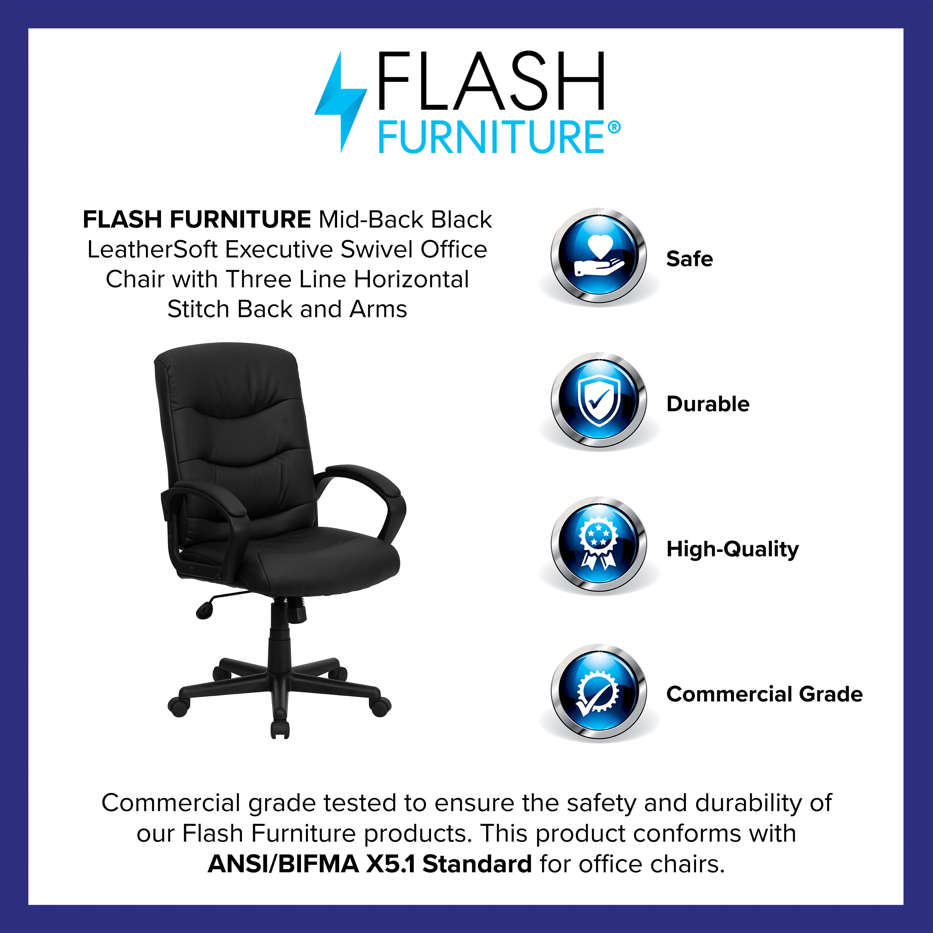 Flash Furniture Chelsea Mid-Back Black LeatherSoft Executive Swivel Office Chair with Three Line Horizontal Stitch Back and Arms - Image 5