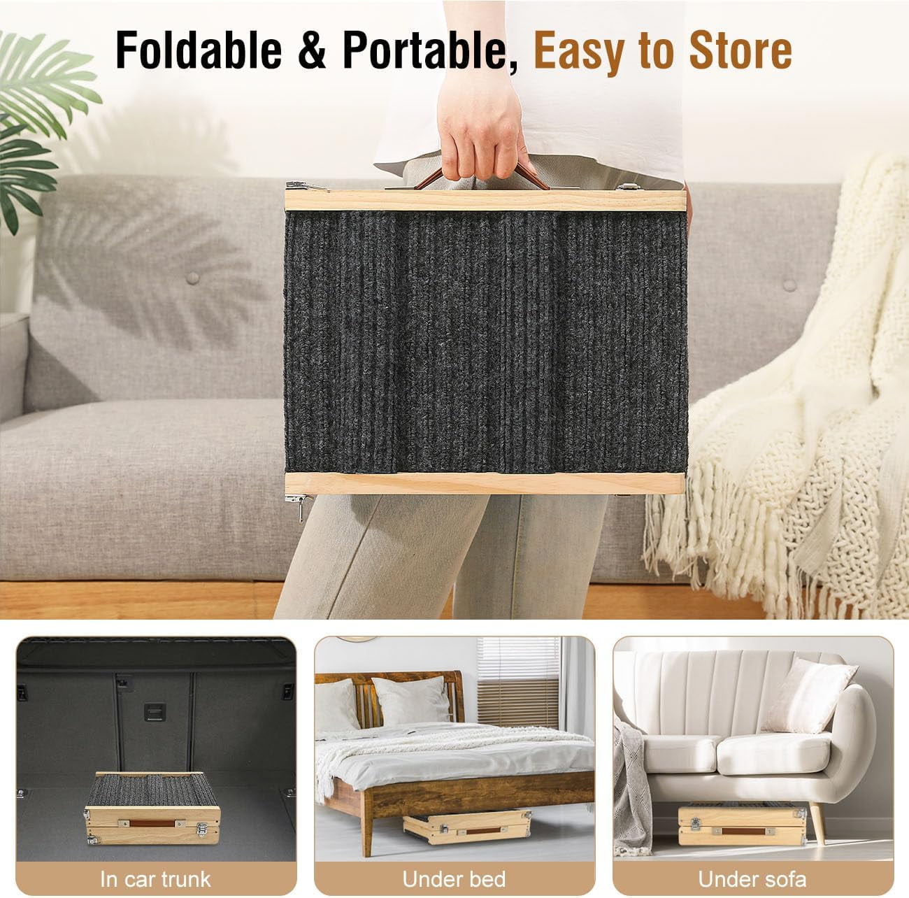 Pawaboo Foldable Dog Ramp for Couch, Portable Wooden Pet Ramp, 4 Adjustable Height from 7.9" to 17.7", Stable Pet Steps Fit for Small Medium Dogs Cat with Non-Slip Mat, Use for Car Couch Bed Stairs - Image 4