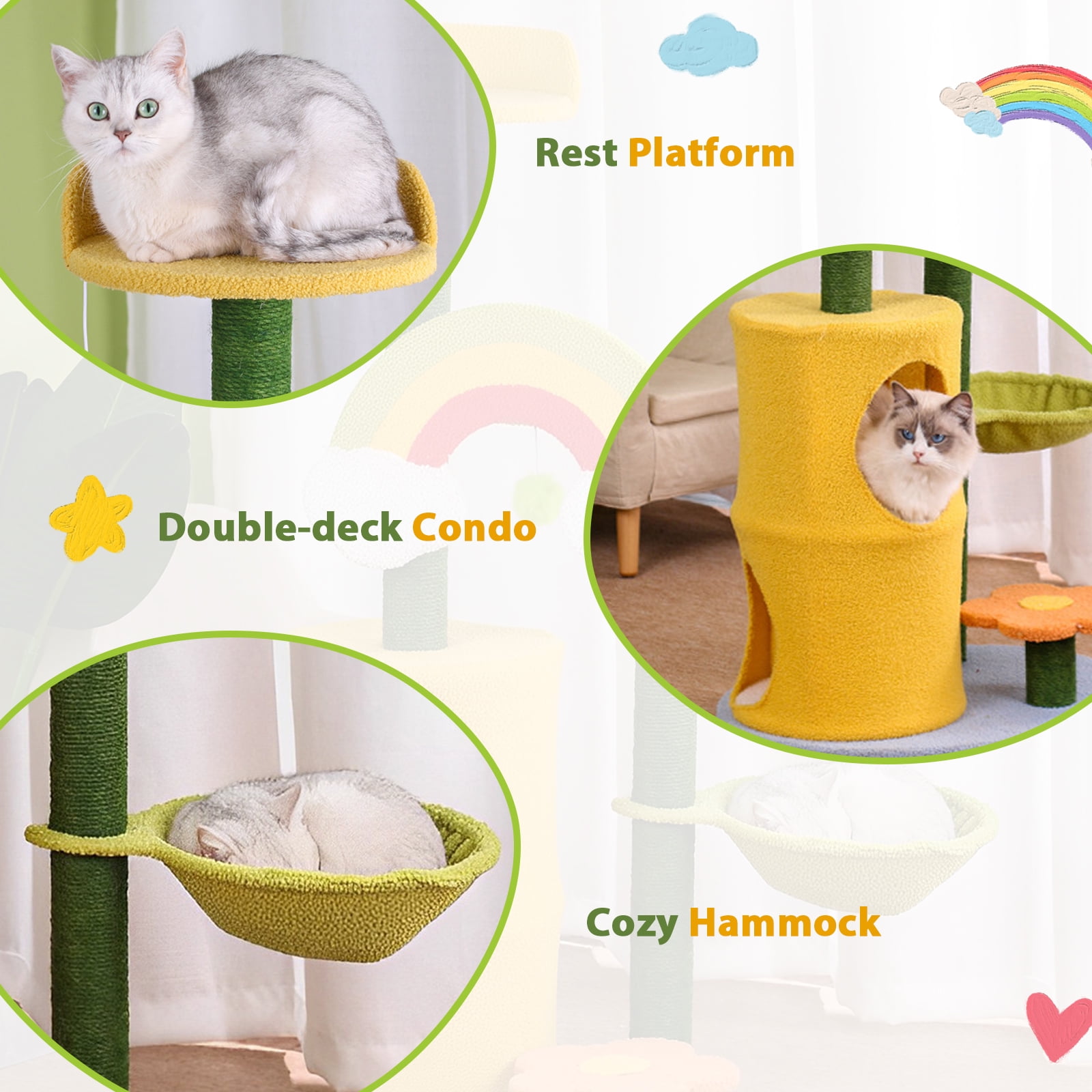 LitaiL 47"H Cat Tree with Scratching Posts, Rainbow Cat Tower with Double Cat Condos and Hanging Balls, Cat Furniture for Indoor Kittens - Image 2