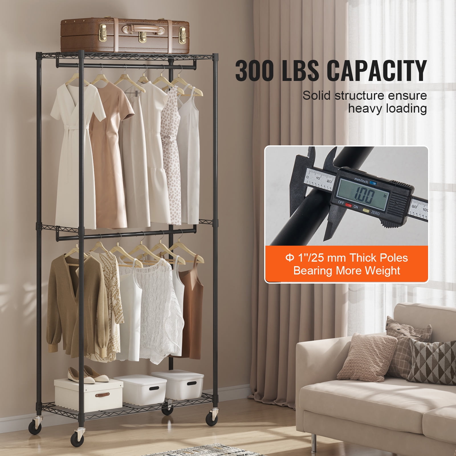 KFFKFF Sturdy Apparel Rack, Dual Rods for Garments with Upper and Lower Shelving, Mobile Wardrobe on Wheels, 1'' Thick Steel Construction Supports Up to 300Lbs - Image 4